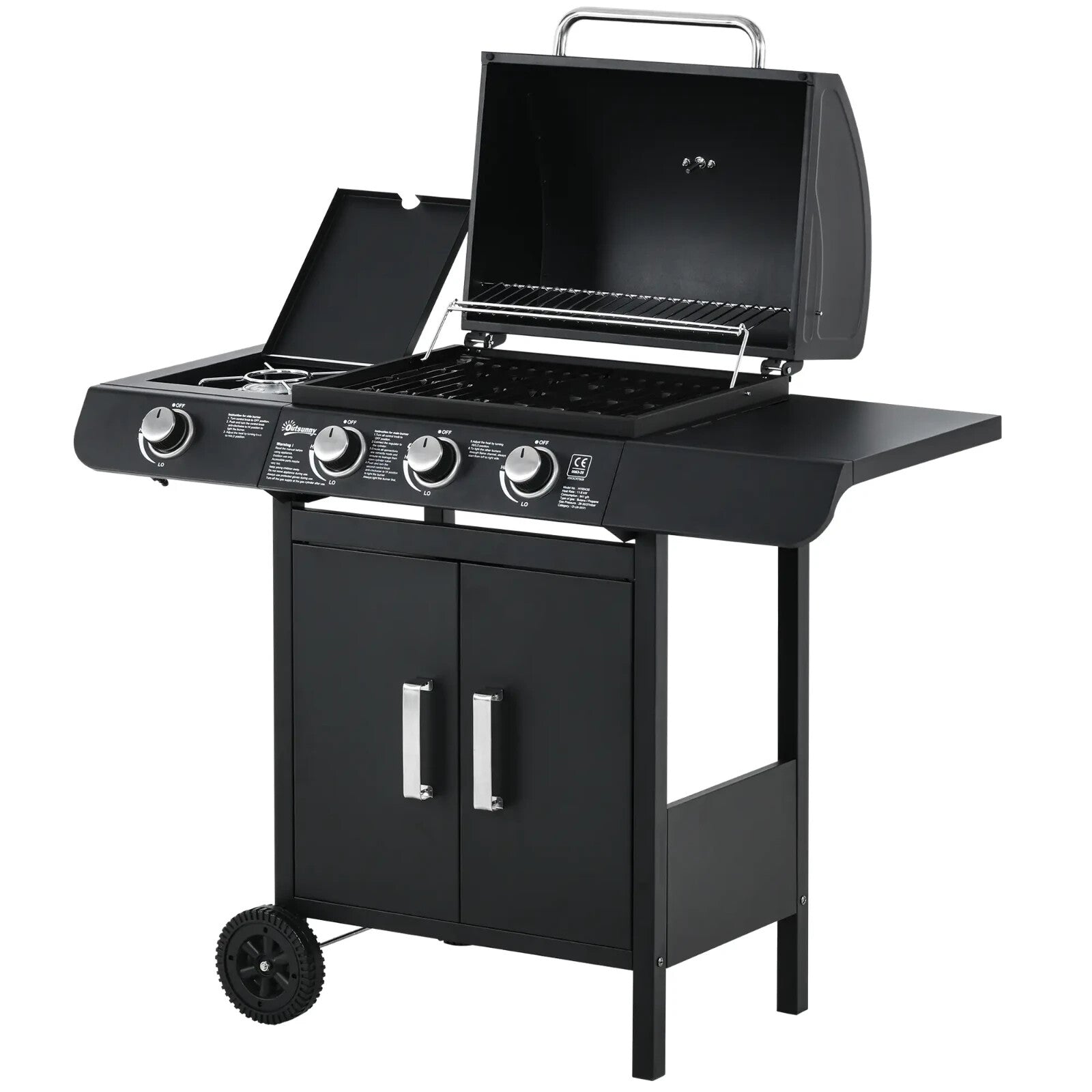 3 and 1 Gas Barbecue Grill w/ Side Burner & Large Cooking Area for Garden BBQs