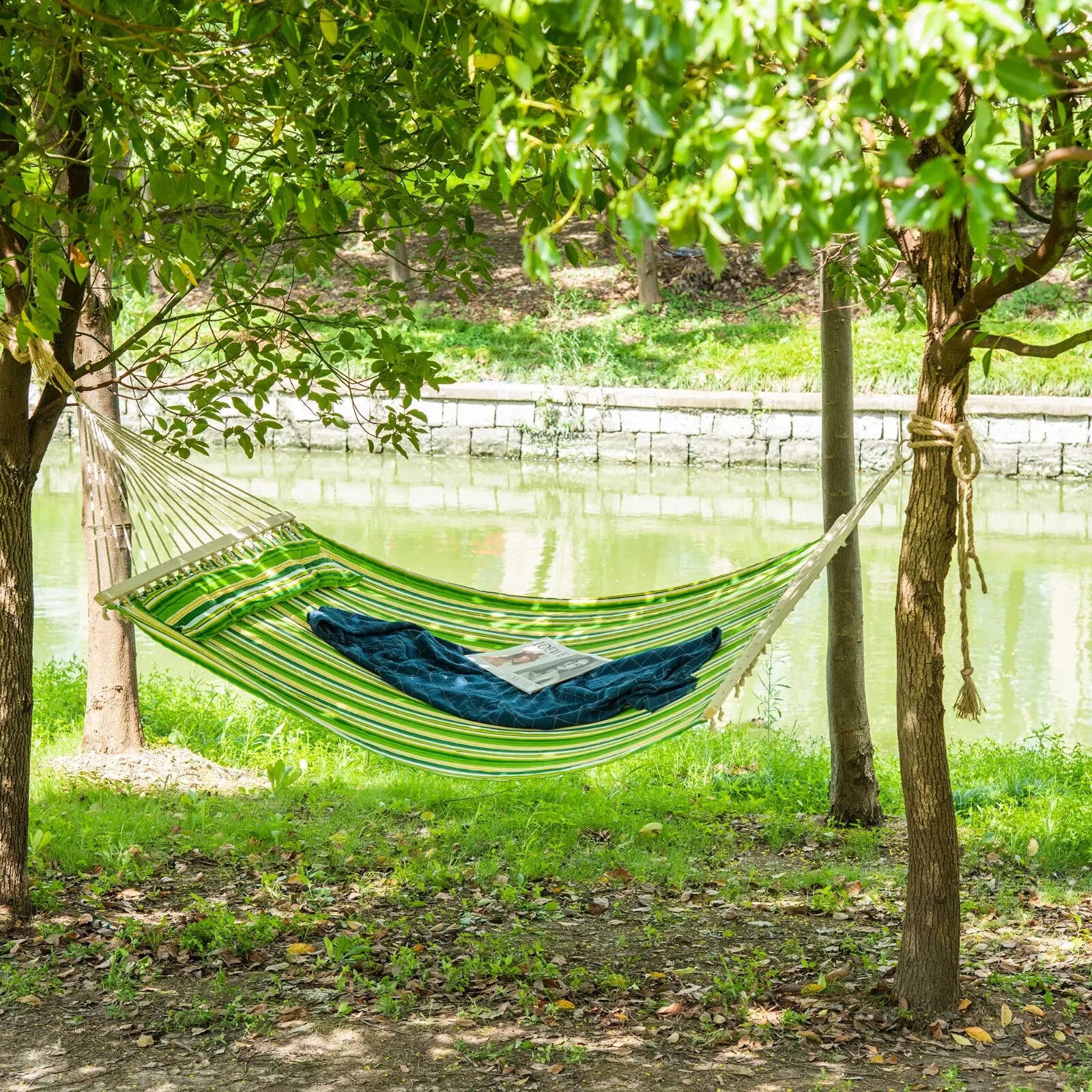 Double Cotton Hammock Camping Swing Beach Stripe Hanging Bed Multi-Colour