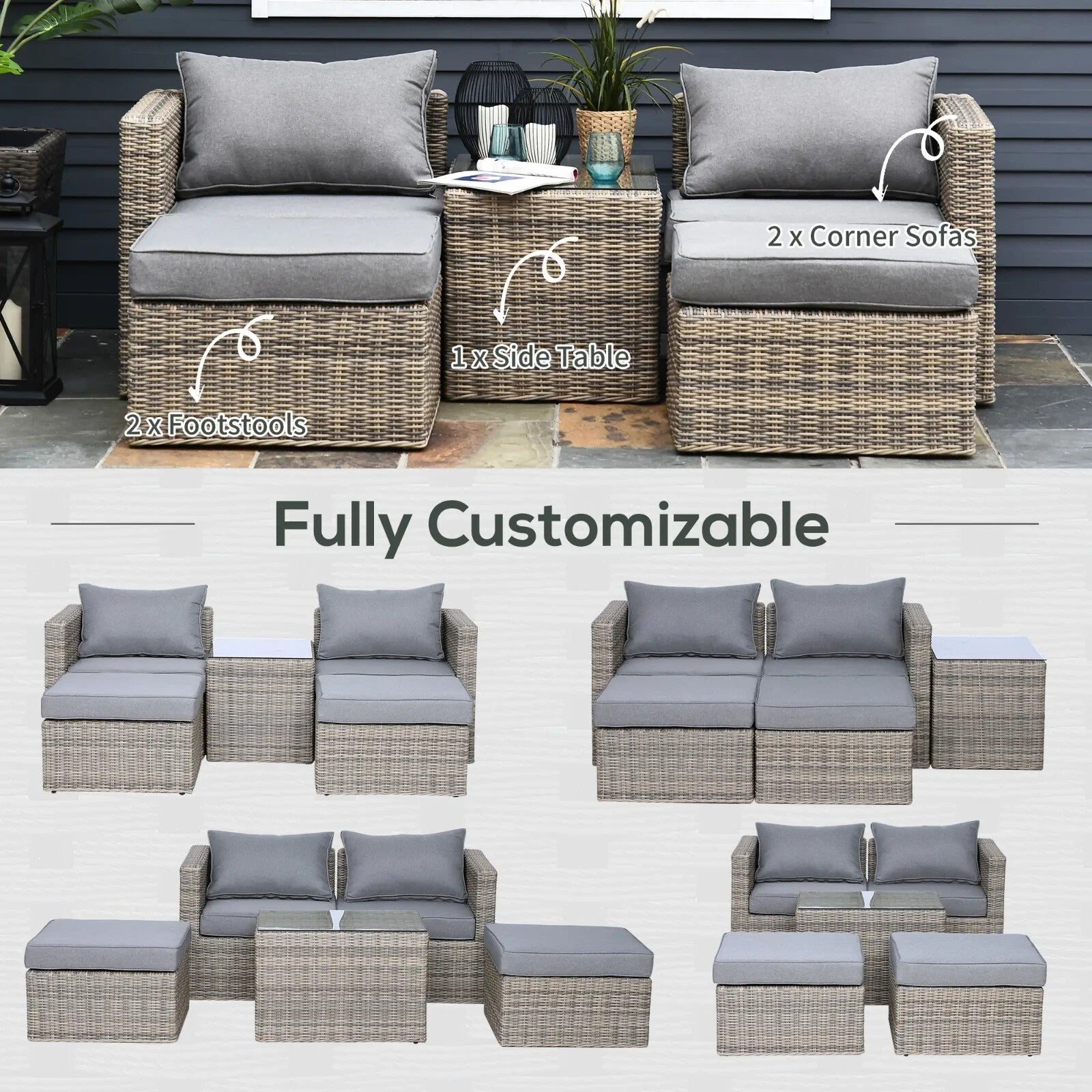 5 Piece Rattan Garden Armchair and Footstool Set with Tall Glass Table Outdoor