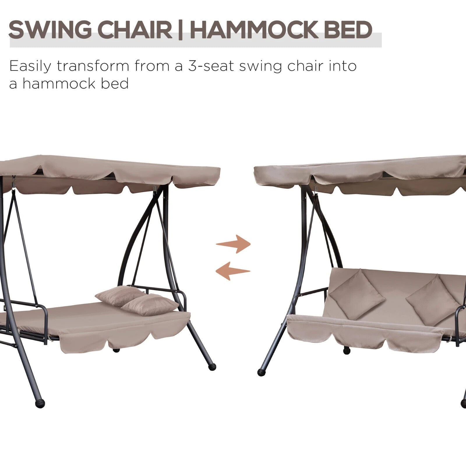 2-in-1 Hammock Swing Chair 3-Seater Powder Coated w/ Cushion & Tilt Canopy Beige