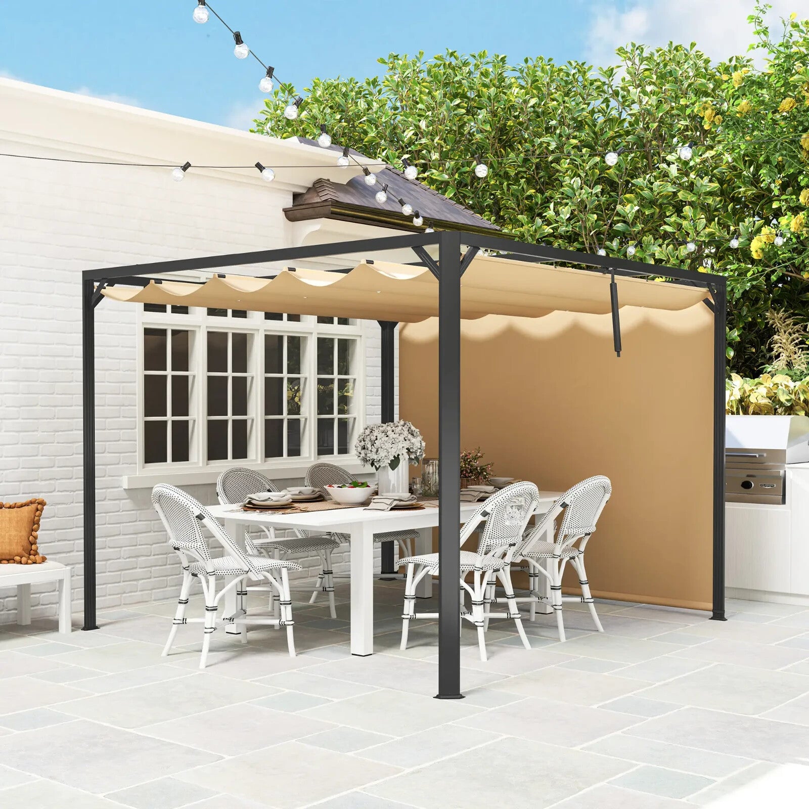 3x3 m Garden Pergola with Retractable Roof Canopy & Roller Shade Aluminium Frame