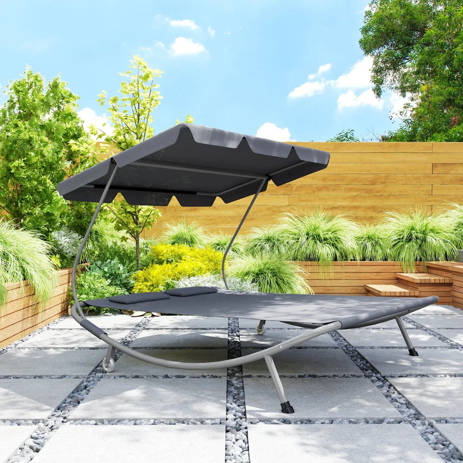 Hammock Sun Lounger 2-Seater w/ 2-Padded Pillows & Adjustable Canopy Light Grey