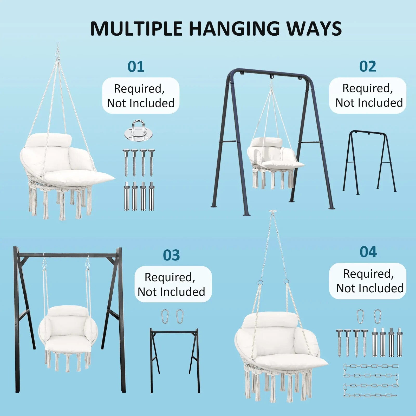 Hammock Hanging Chair Rope Swing with Padded Cushion & Adjustable Chain Cream