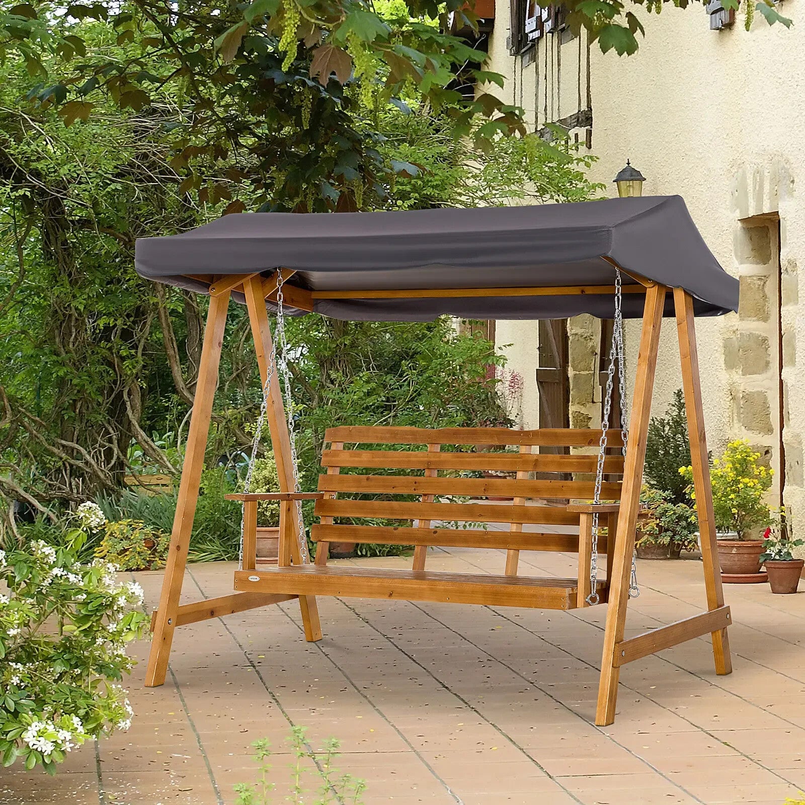Hammock Swing Bench 3-Seater with Slatted Backrest & Adjustable Canopy Brown