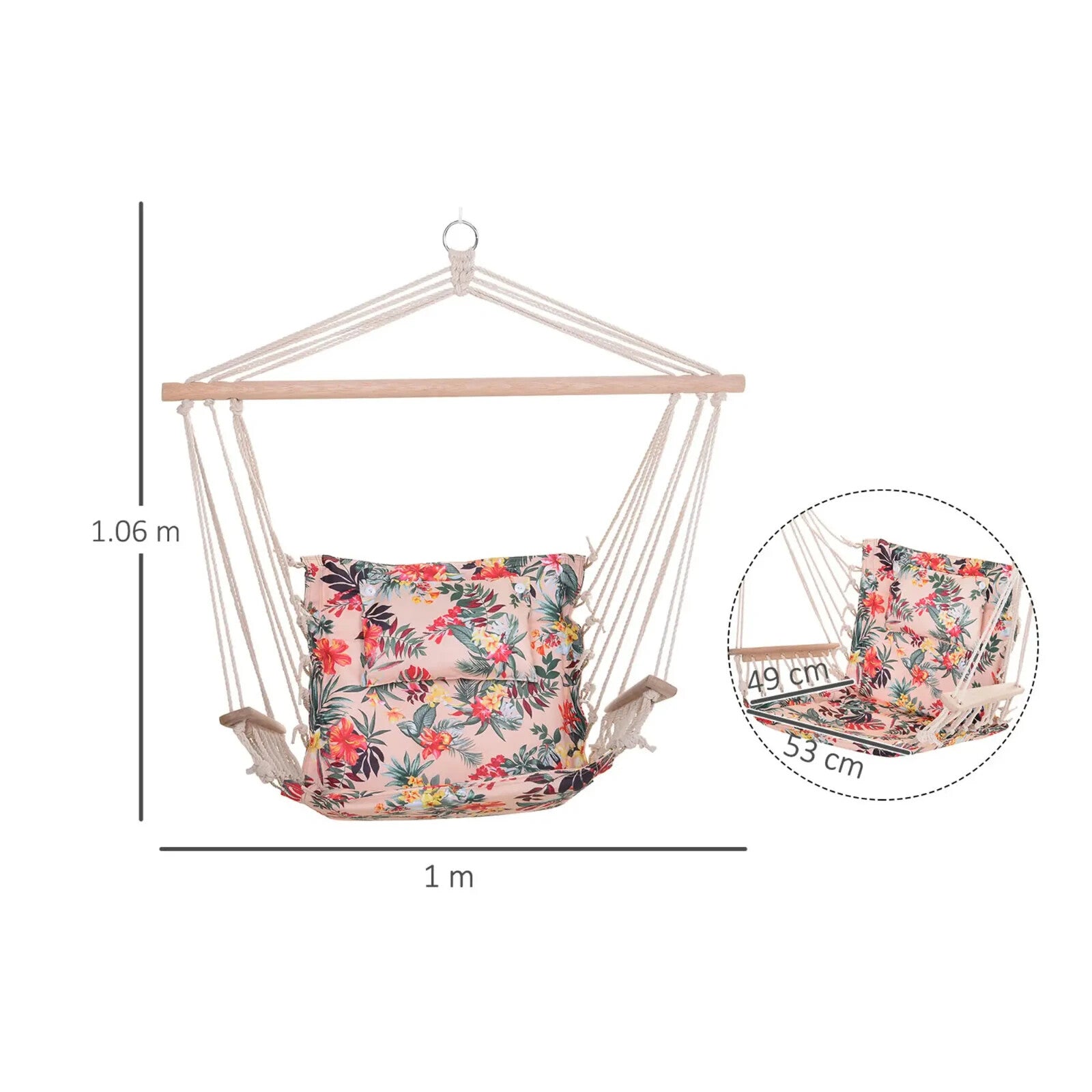 Hammock Hanging Chair Thick Rope Swing with Padded Cushion Multi-Colour Floral