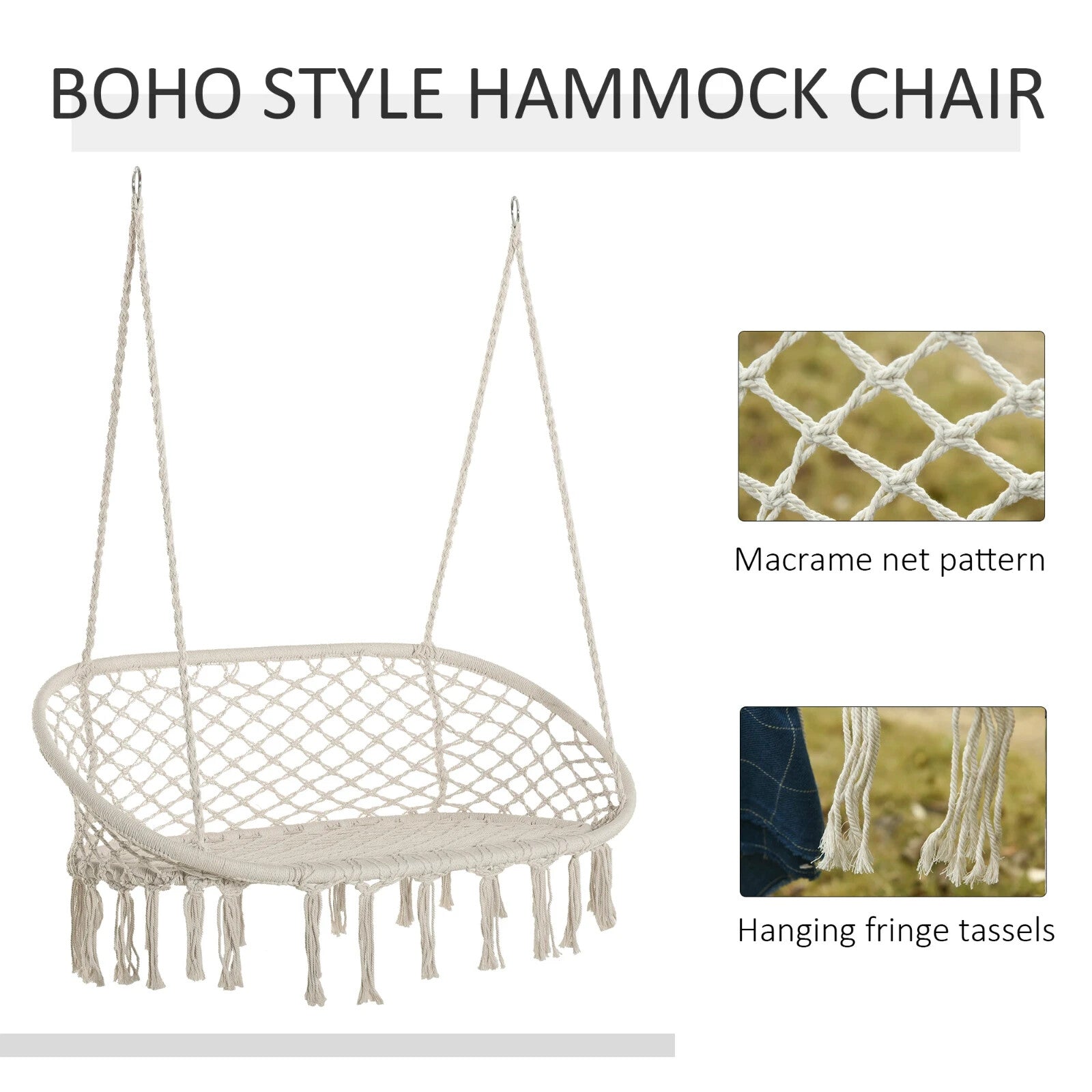 Hammock Hanging Bench 2-Seater Rope Porch Swing with Curved Back Cream White