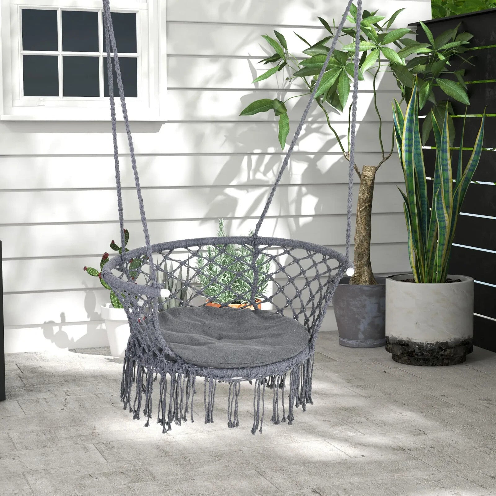 Hammock Hanging Chair Macrame Seat with Cotton Rope & Paddad Cushion Dark Grey