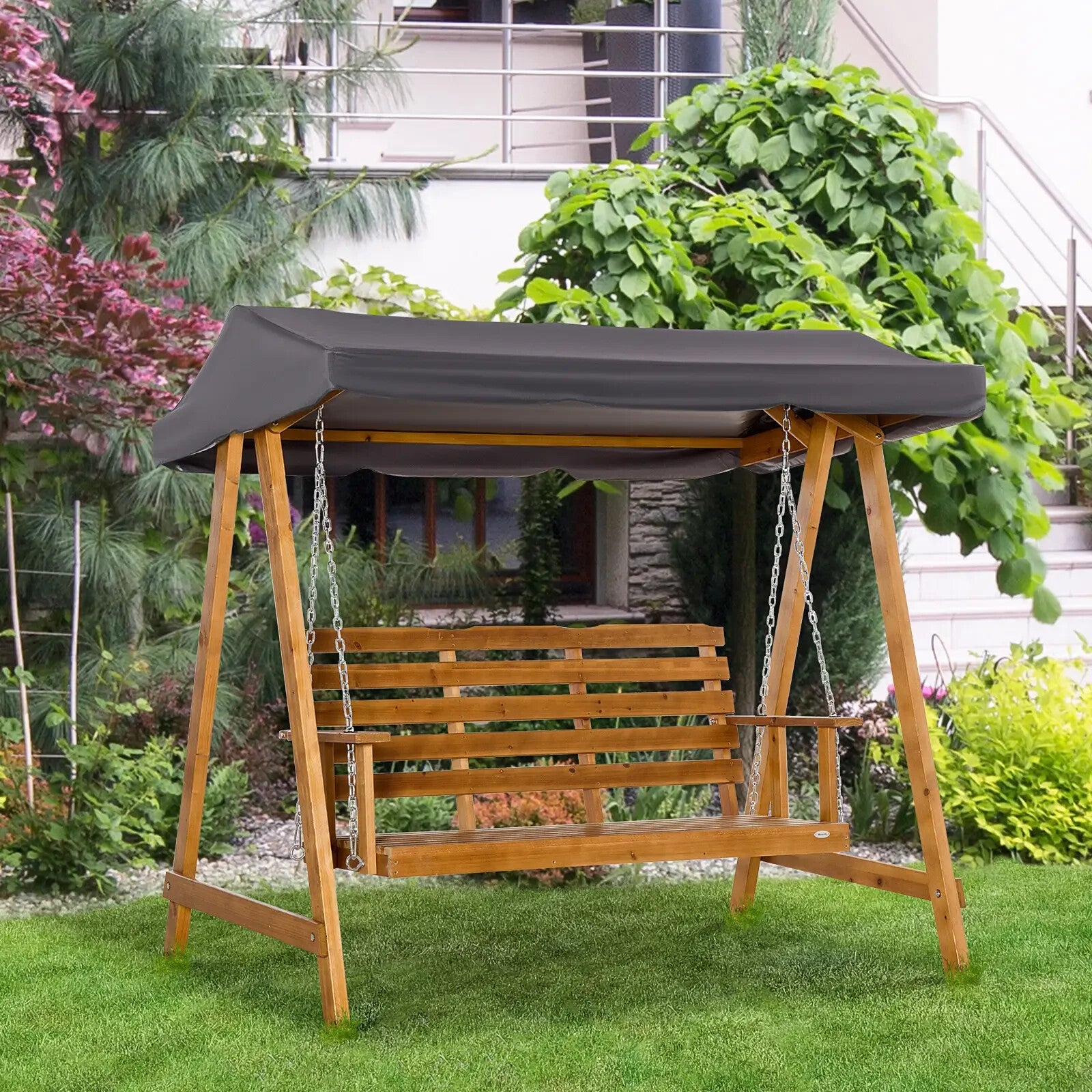 Hammock Swing Bench 3-Seater with Slatted Backrest & Adjustable Canopy Brown