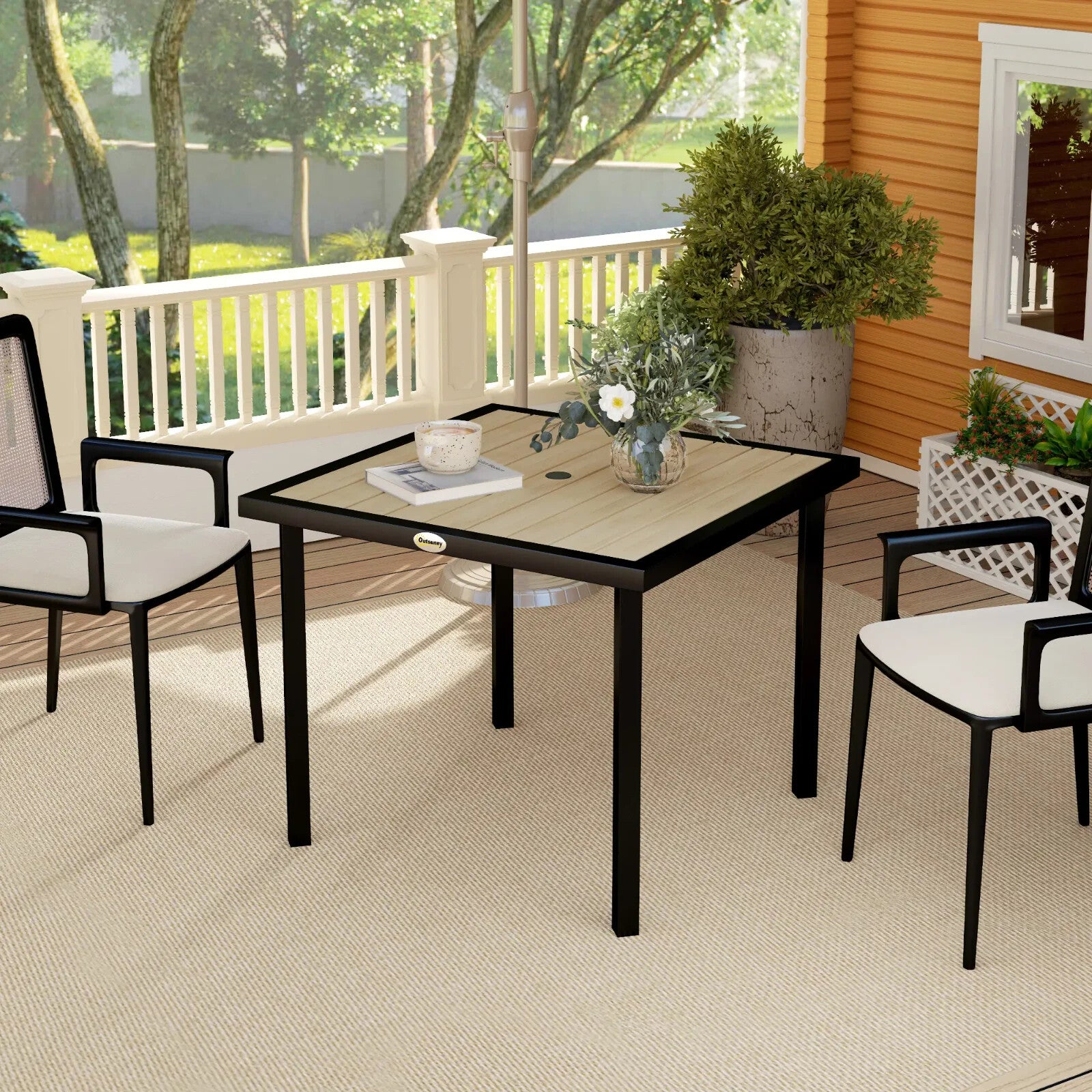 Outdoor Garden Dining Table Square Metal Frame Slatted Top With Parasol Hole