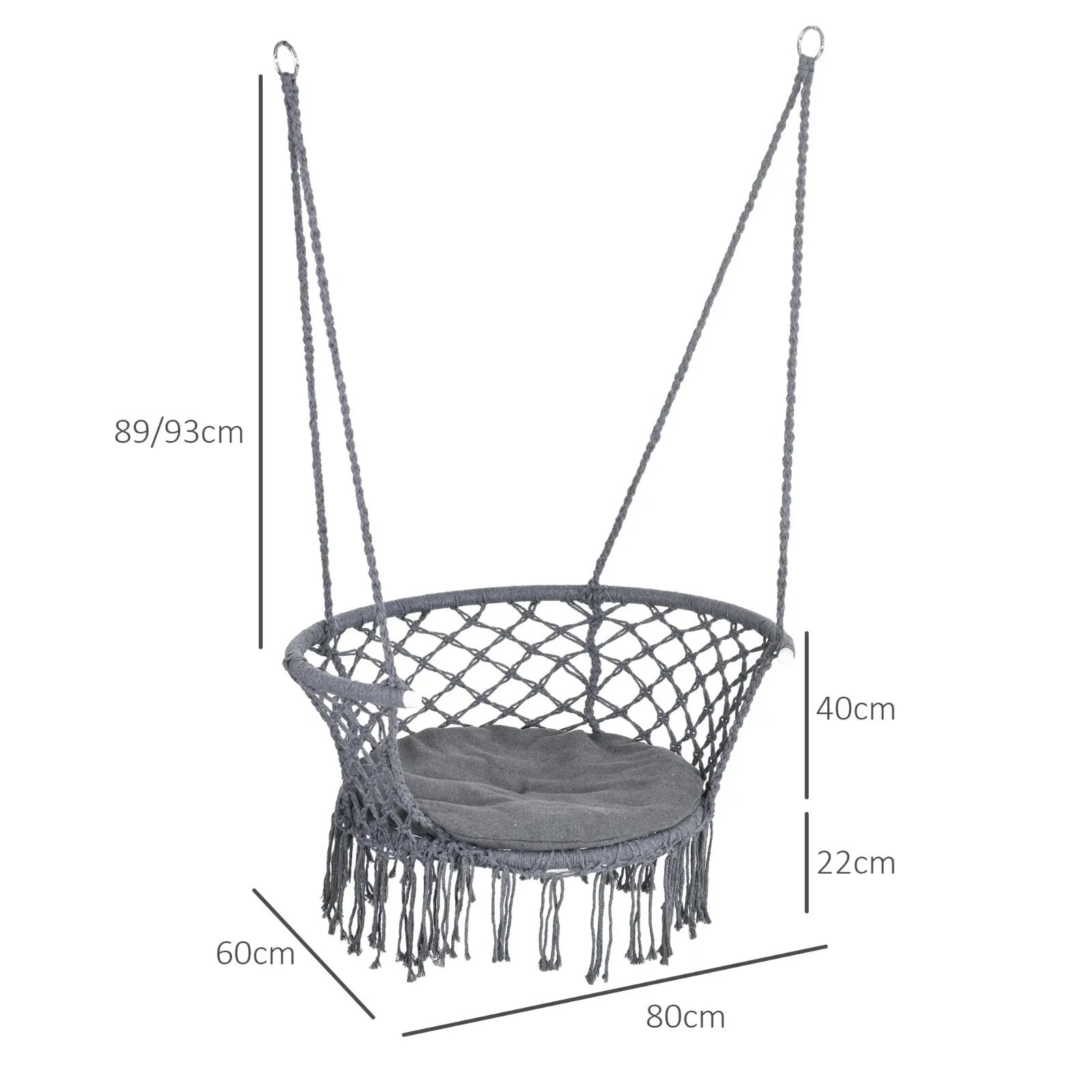 Hammock Hanging Chair Macrame Seat with Cotton Rope & Paddad Cushion Dark Grey