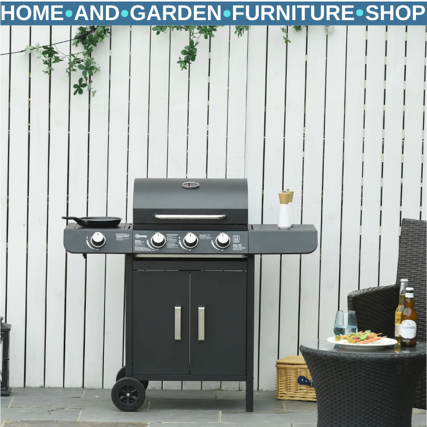 3 and 1 Gas Barbecue Grill w/ Side Burner & Large Cooking Area for Garden BBQs