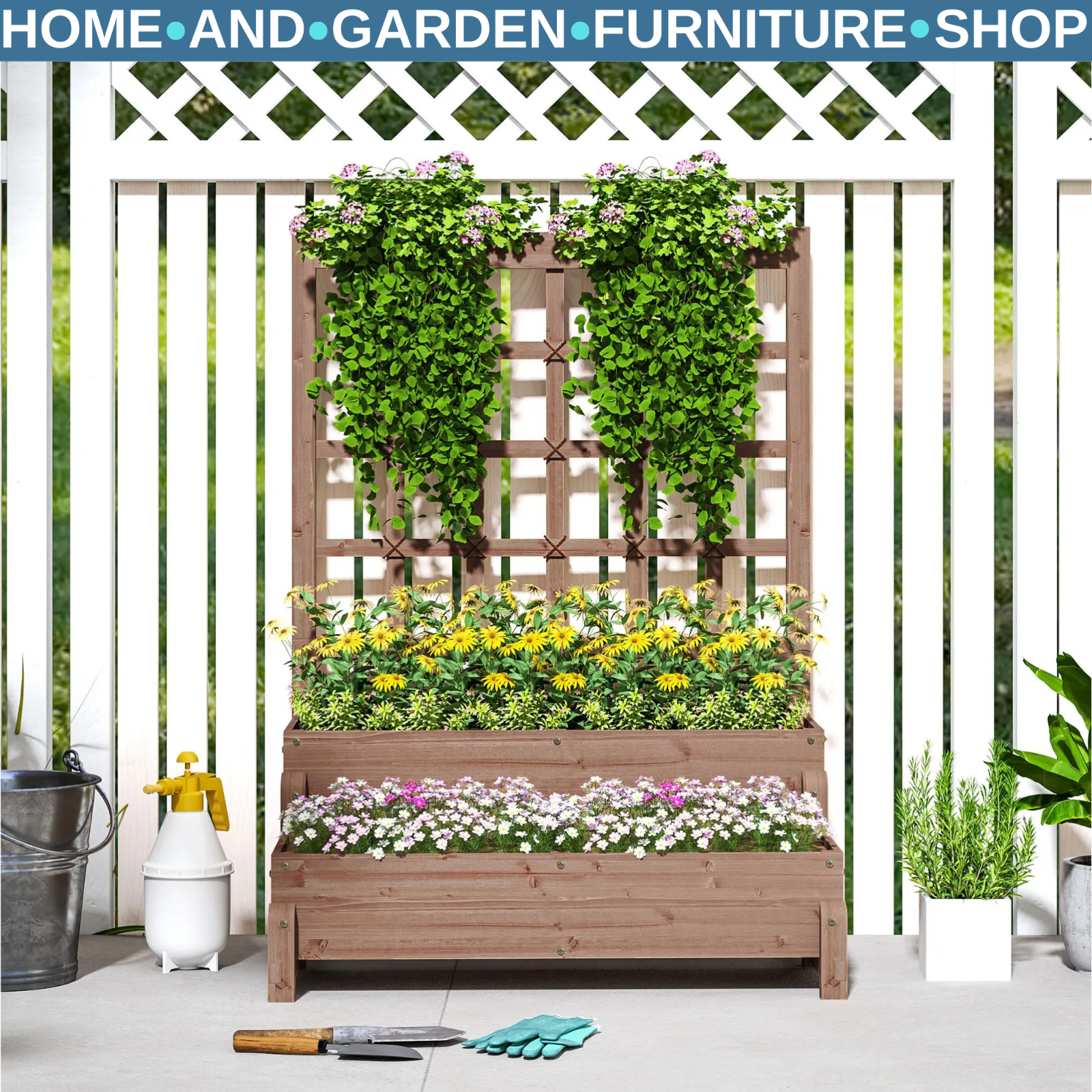 2 Tier Raised Wooden Garden Planter Box with Trellis & Drainage Hole Outdoor Bed