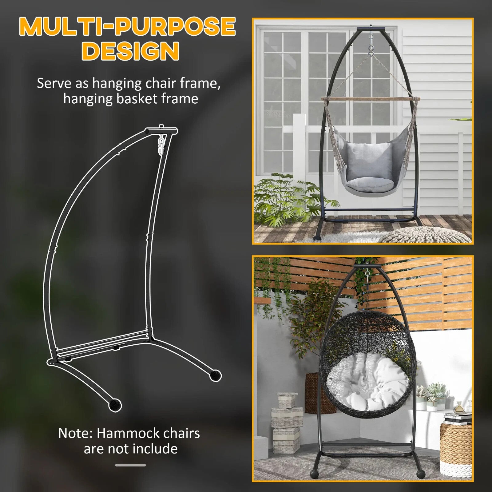 Hammock Chair Stand Hanging Egg Powder Coated Steel Frame 'C' Shape Black