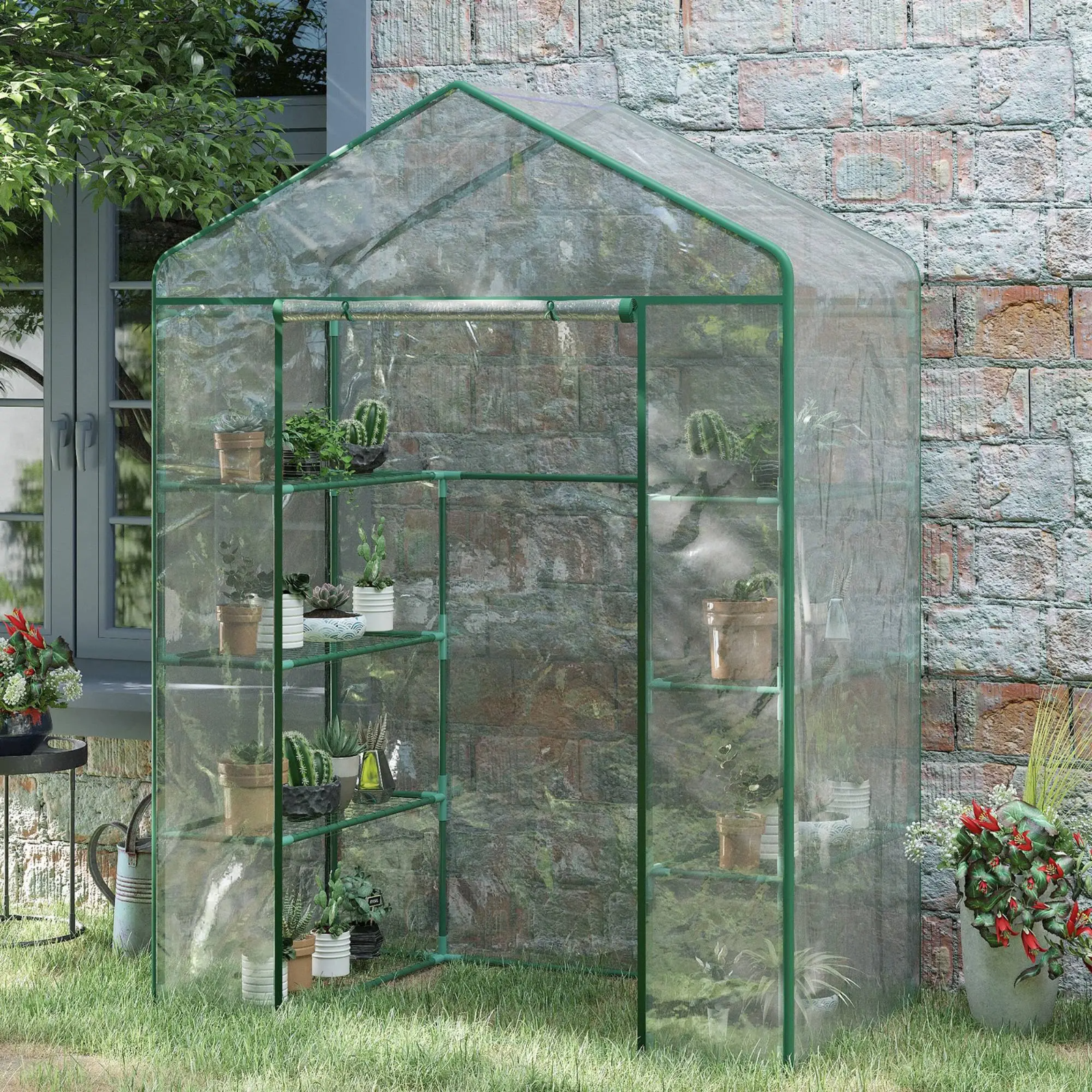 Walk In Greenhouse Garden Clear PVC Cover Plant Grow House Metal Frame Shelves