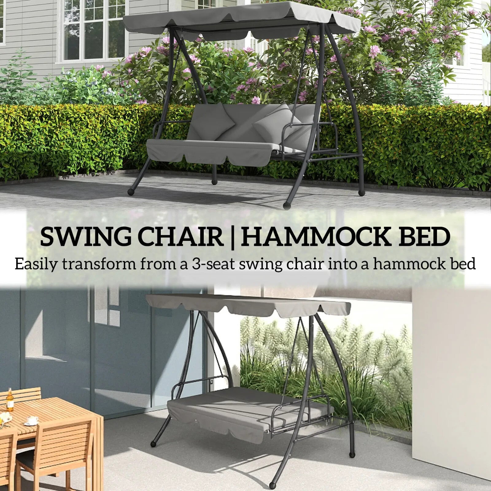2-in-1 Hammock Swing Chair 3-Seater Steel with Cushion & Tilt Canopy Light Grey