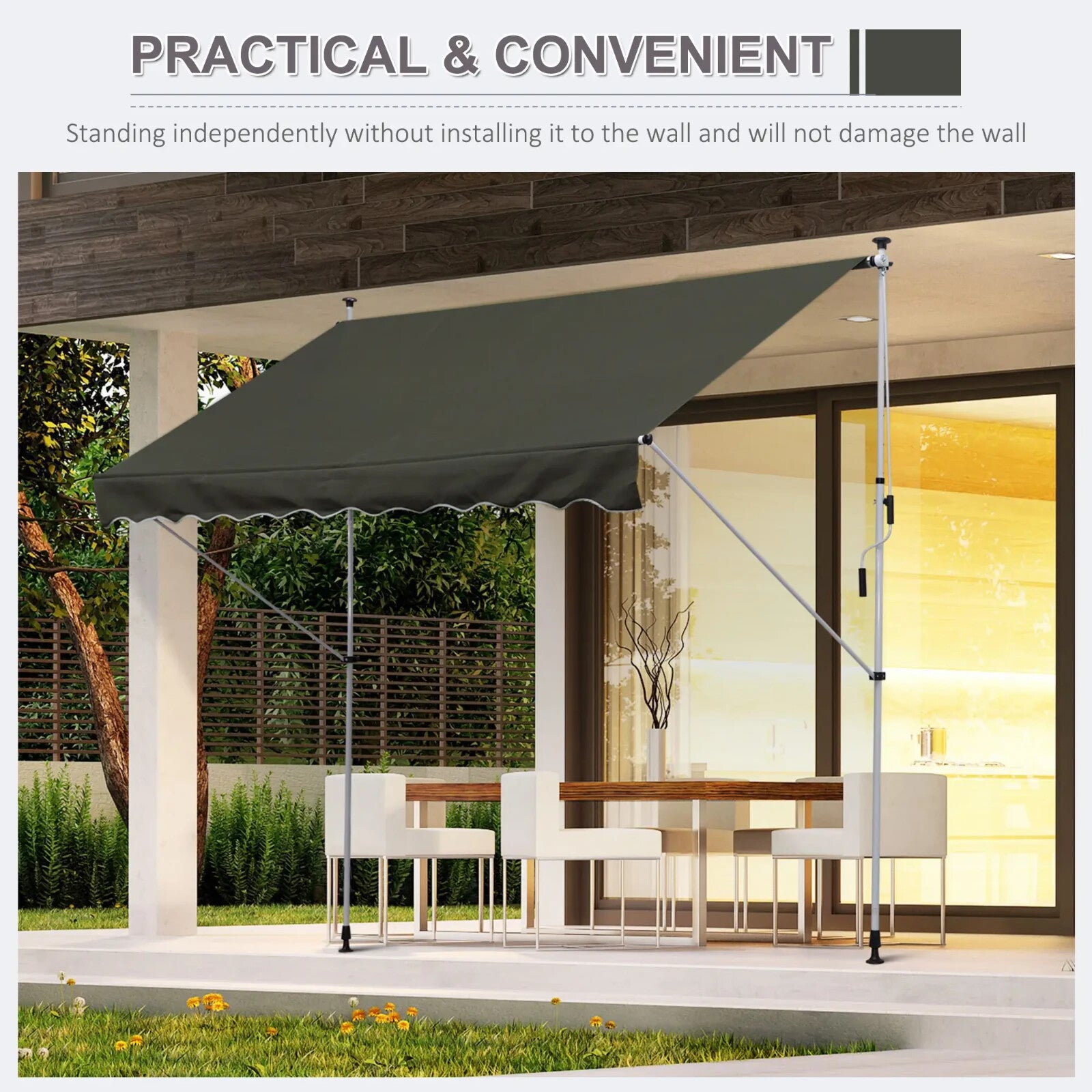 Manual Awning Rectangular Aluminium Frame Retractable Shade with Handle Grey