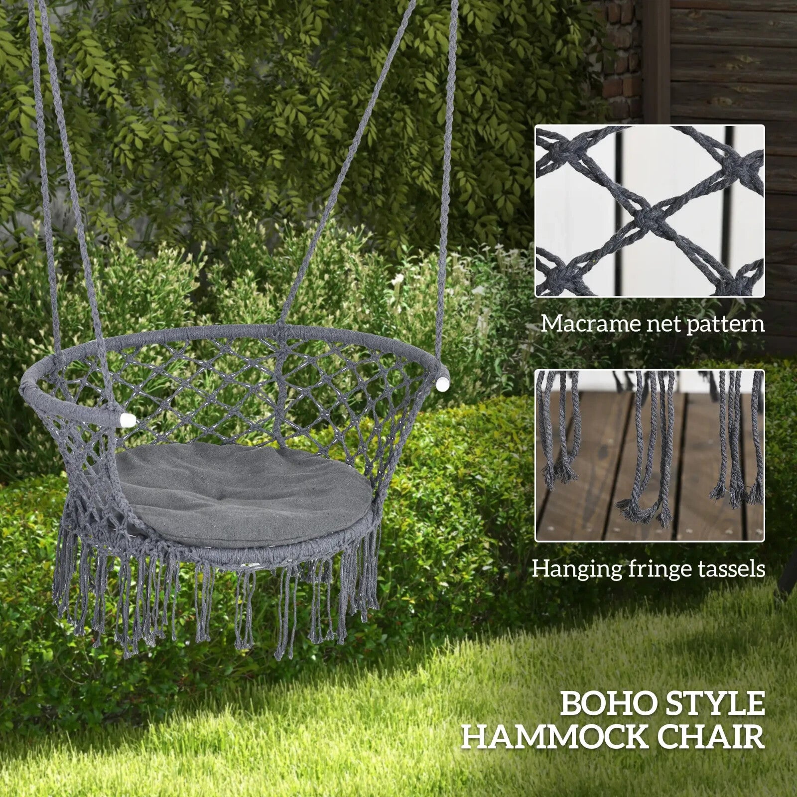 Hammock Hanging Chair Macrame Seat with Cotton Rope & Paddad Cushion Dark Grey
