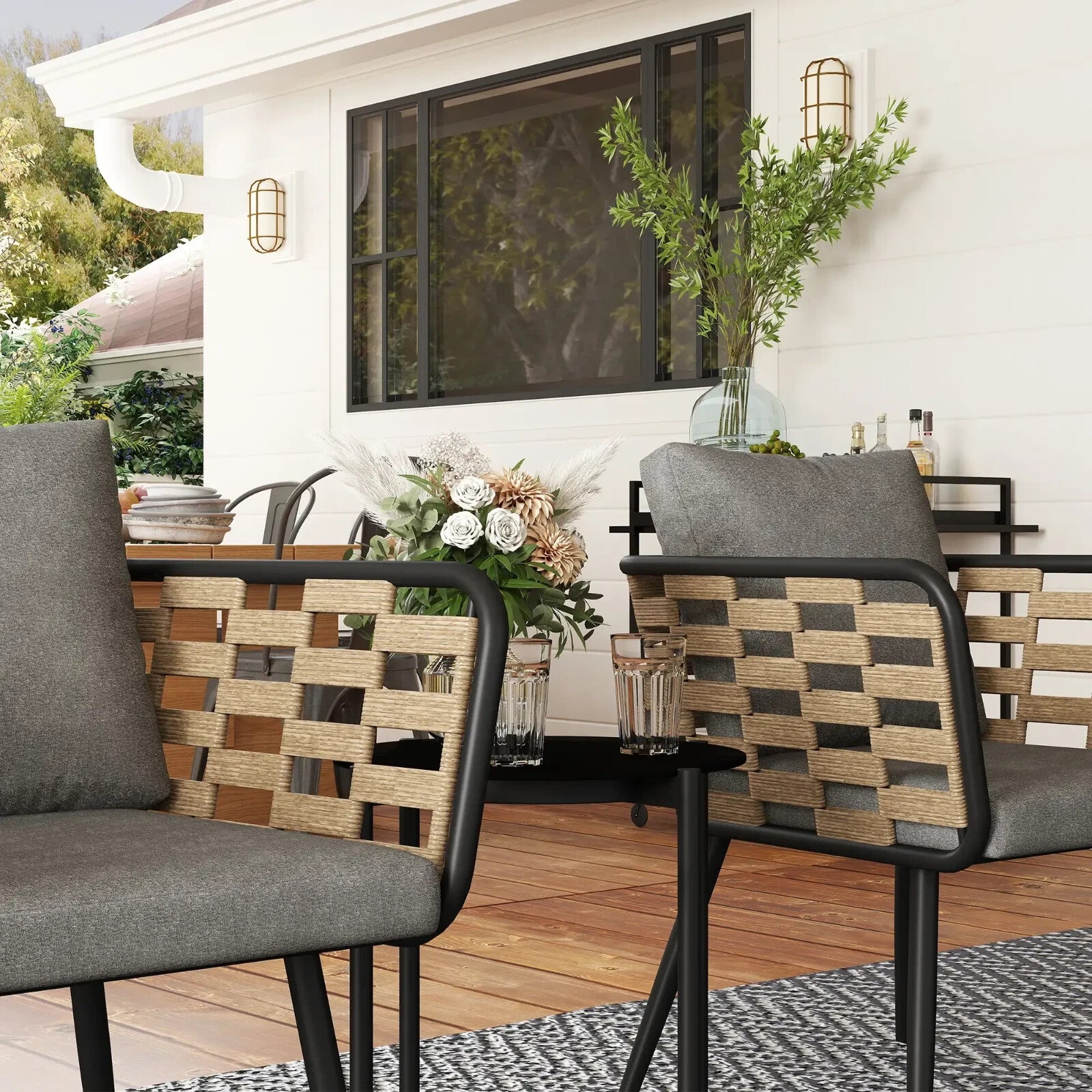 Bistro Set 3-Piece PE Rattan with Backrest Cushions & Tempered Glass Top Black