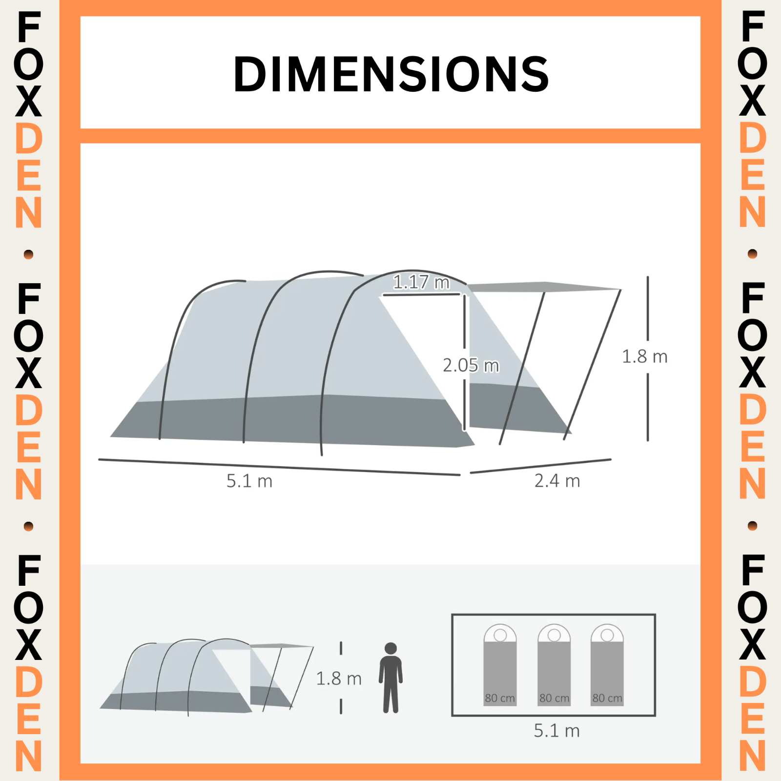 6 8 Man Tunnel Tent Waterproof Carry Bag Multi Room Porch Grey Guy Ropes FOXDEN