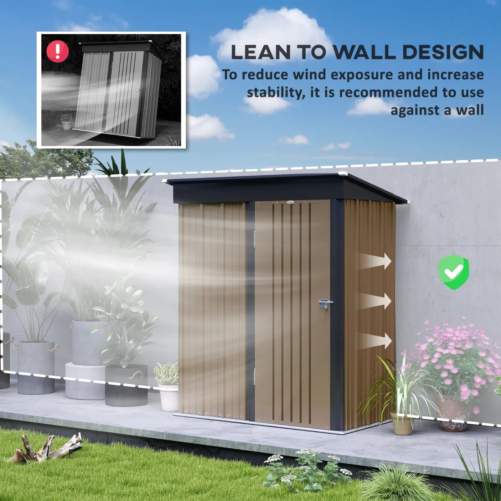 Lean to Steel Garden Storage Shed for Bike Tool 5 x 3ft Brown Small Outdoor Shed