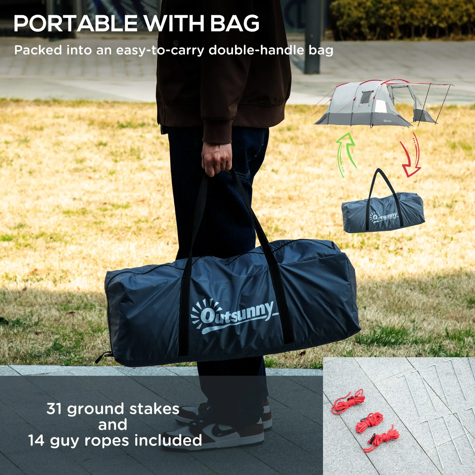 6 8 Man Tunnel Tent Waterproof Carry Bag Multi Room Porch Grey Guy Ropes FOXDEN