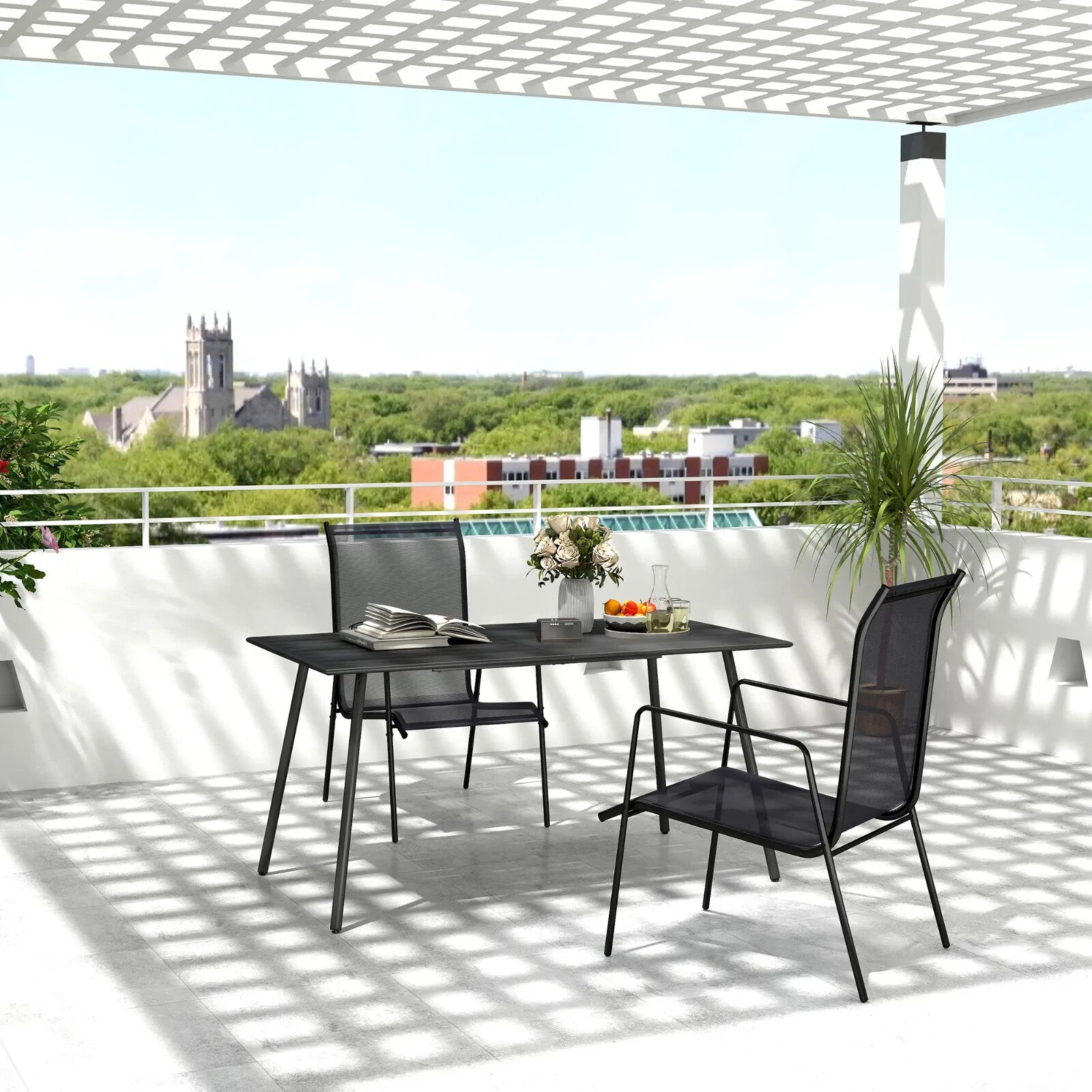 Metal Outdoor Table Black Garden Dining Table for 6 People Slat Top Steel Frame