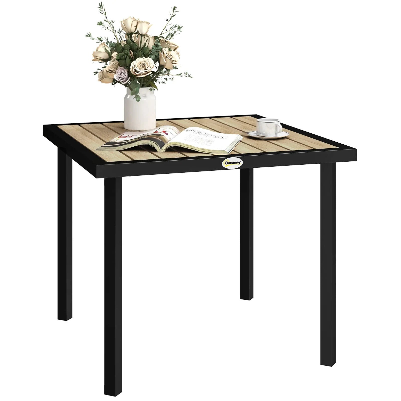 Outdoor Garden Dining Table Square Metal Frame Slatted Top With Parasol Hole