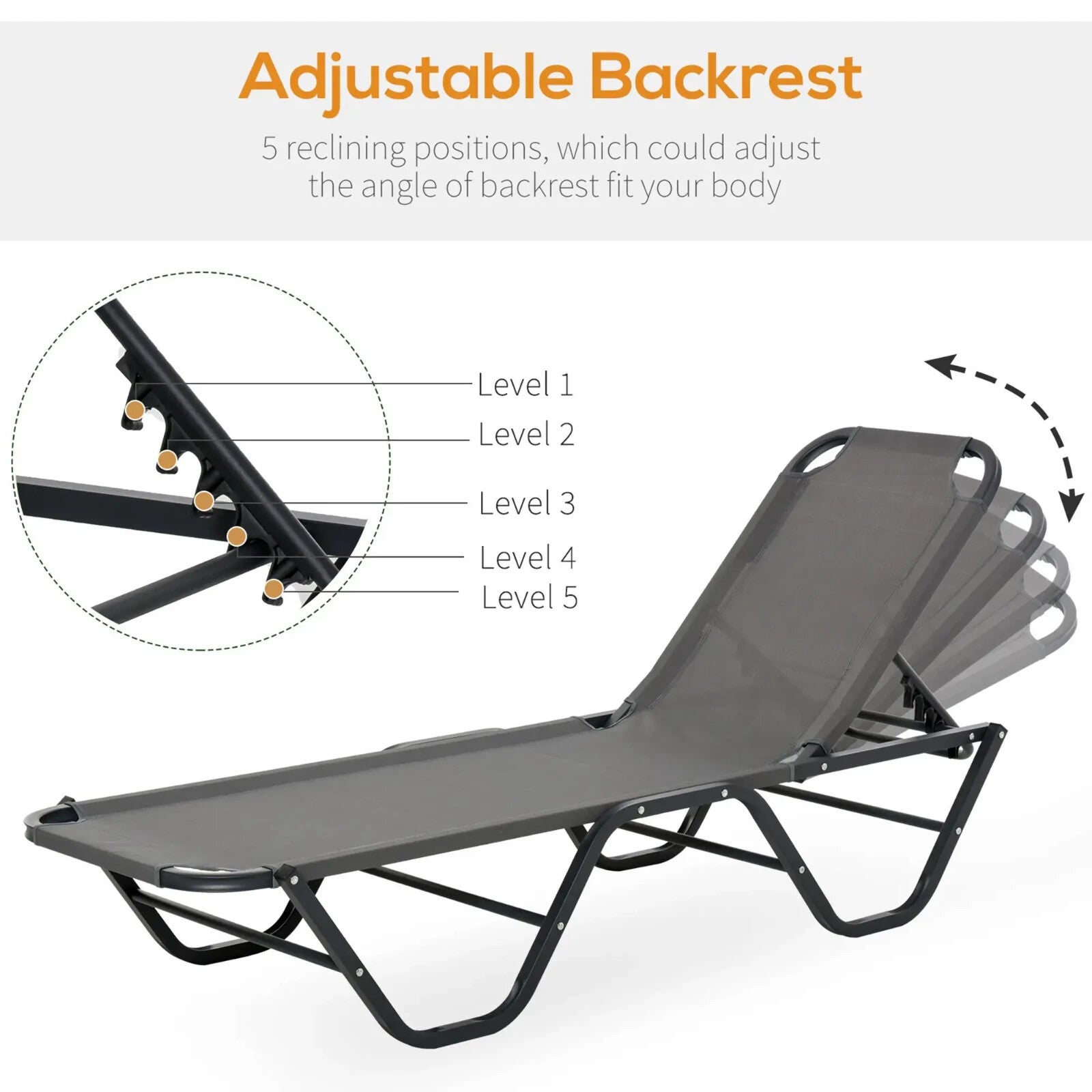 Sun Lounger Recliner Relaxer With 5 Position Adjustable Backrest For Garden Pool