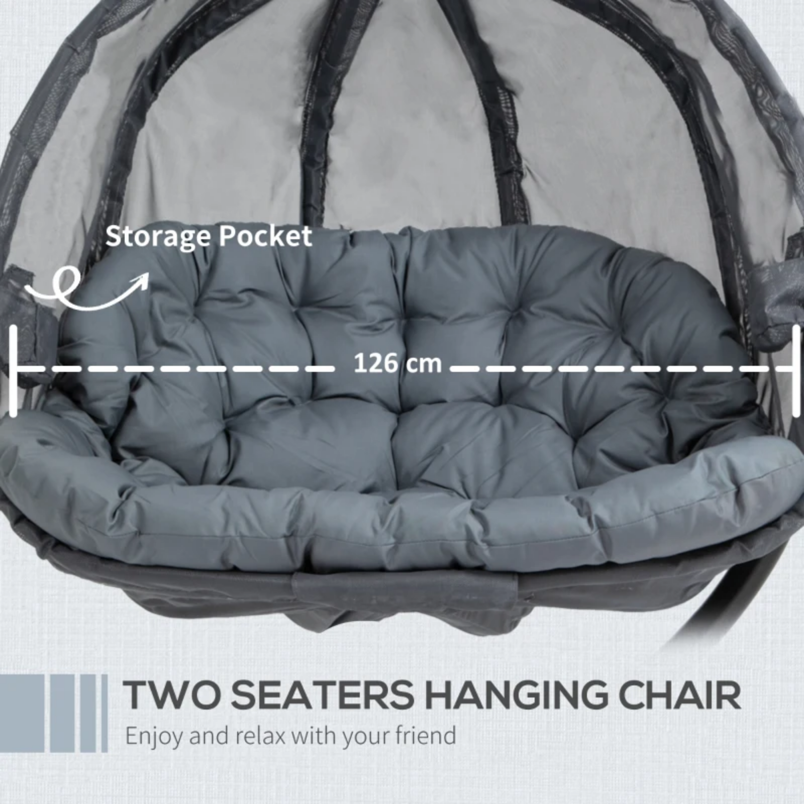 Double Hanging Egg Chair 2 Seater Swing Hammock Cocoon Cushion Side Phone Holder