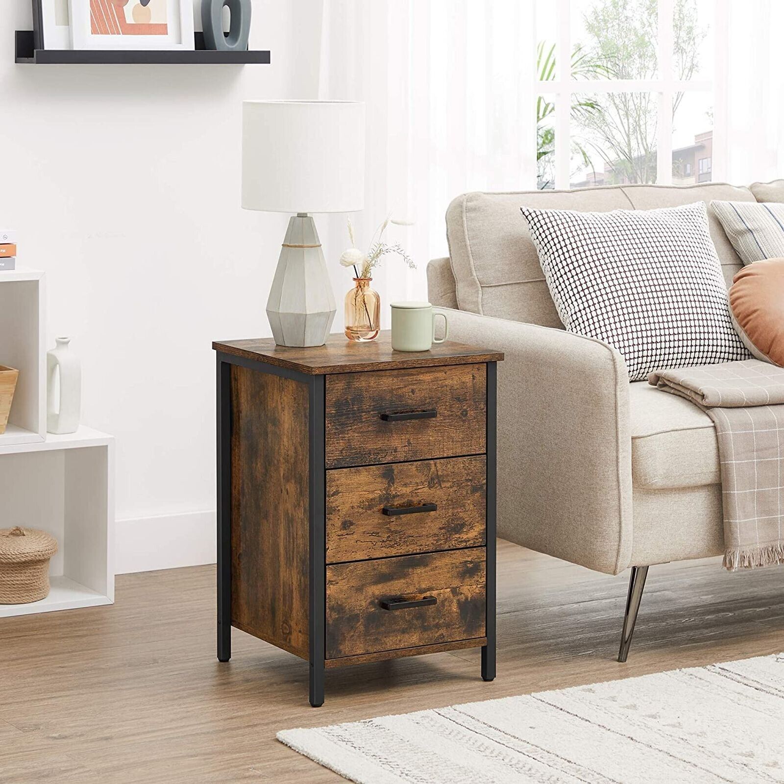 Industrial Nightstand Rustic Bedside Table 3 Drawers Side Table Bedroom Storage