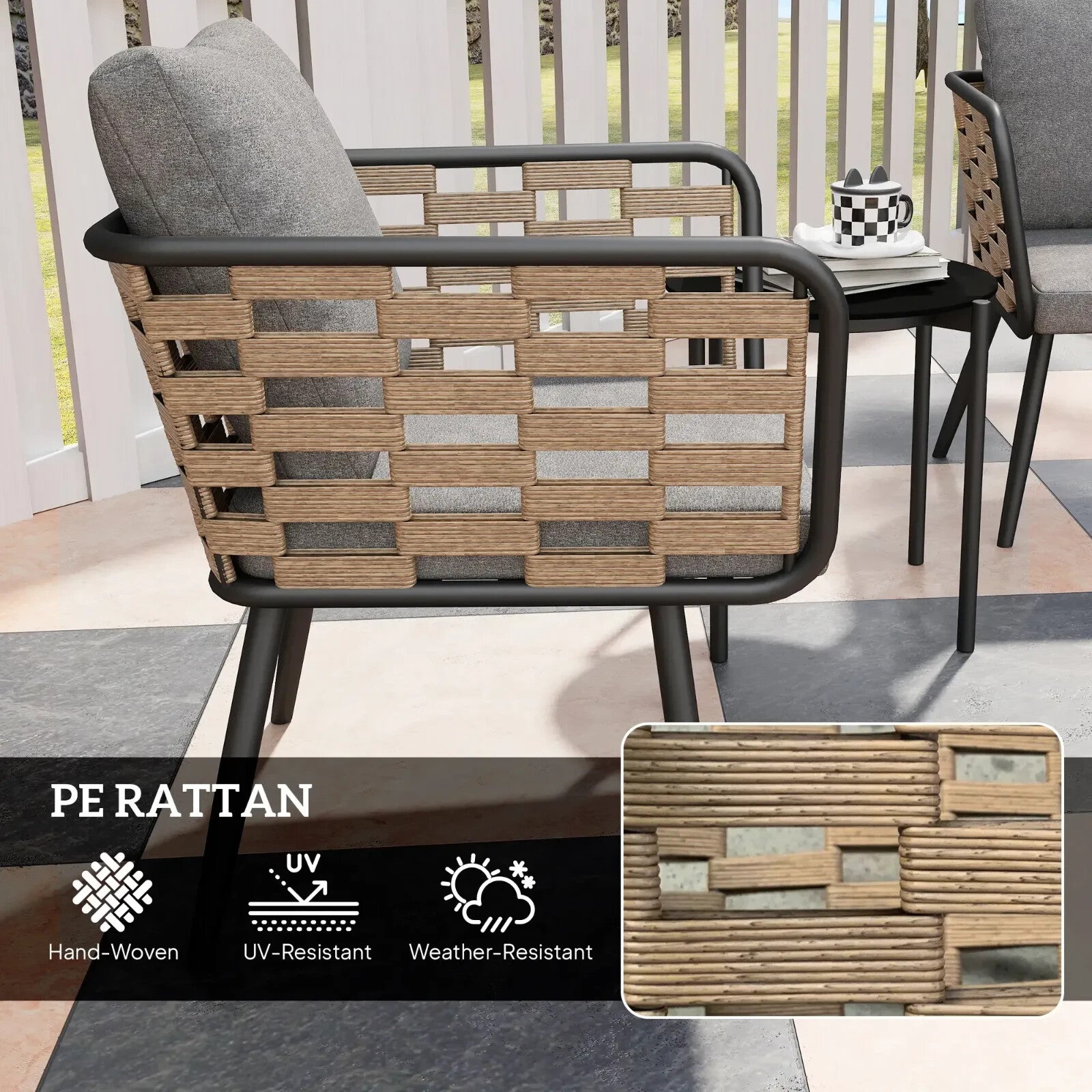 Bistro Set 3-Piece PE Rattan with Backrest Cushions & Tempered Glass Top Black