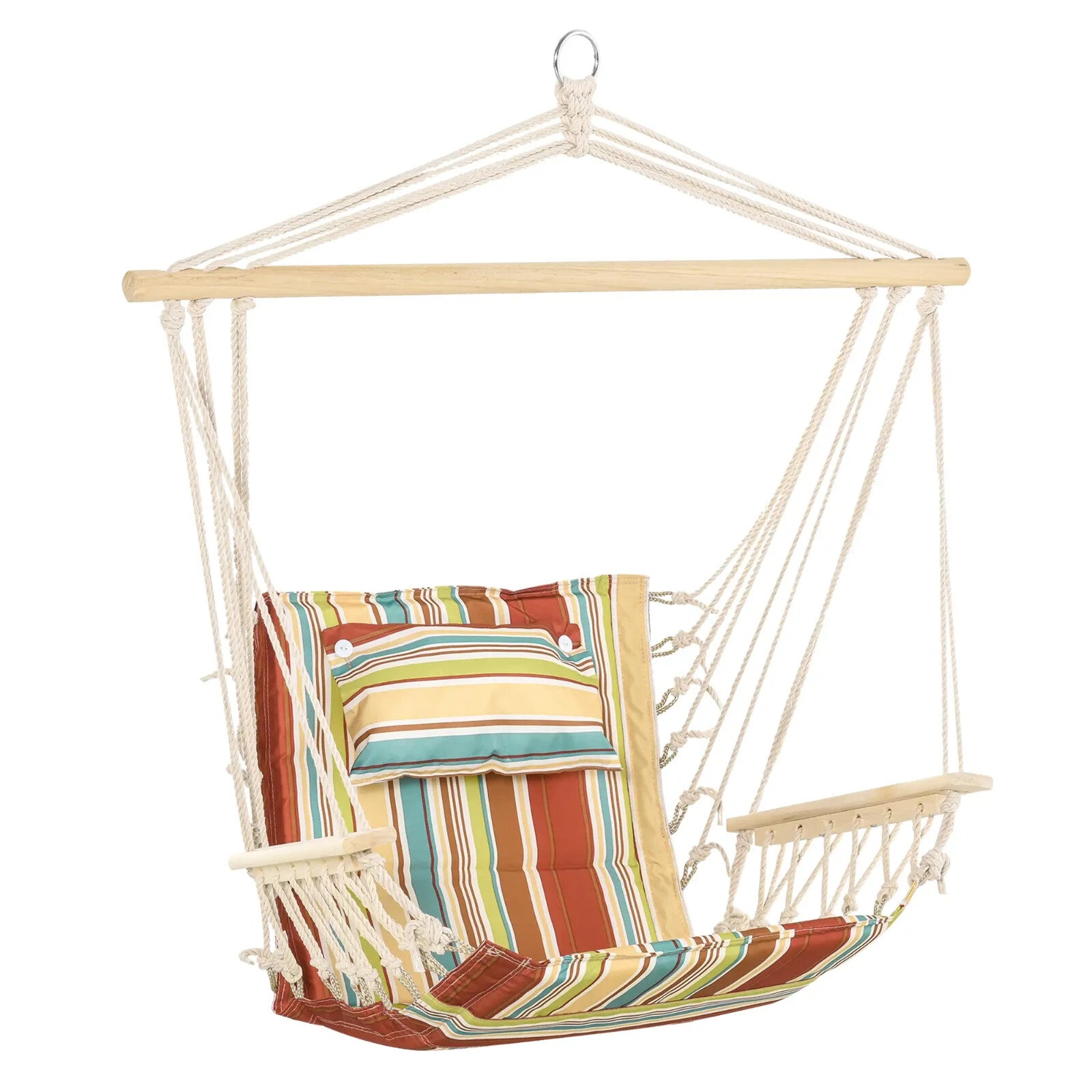 Hammock Hanging Chair Thick Rope Structure w/ Padded Pillow Multi-Colour Stripe