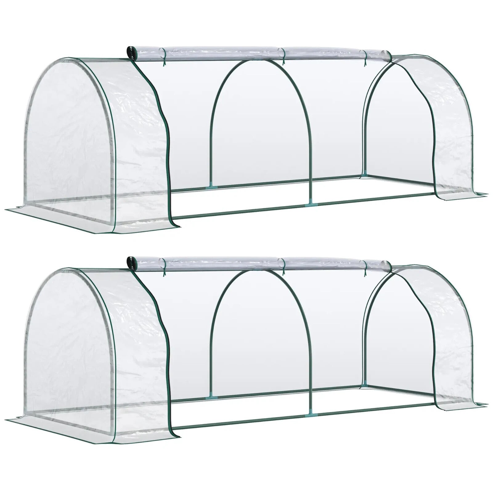 Set of 2 PVC Tunnel Greenhouses 250 x 100 x 80cm w/ Roll Up Door for Garden Use