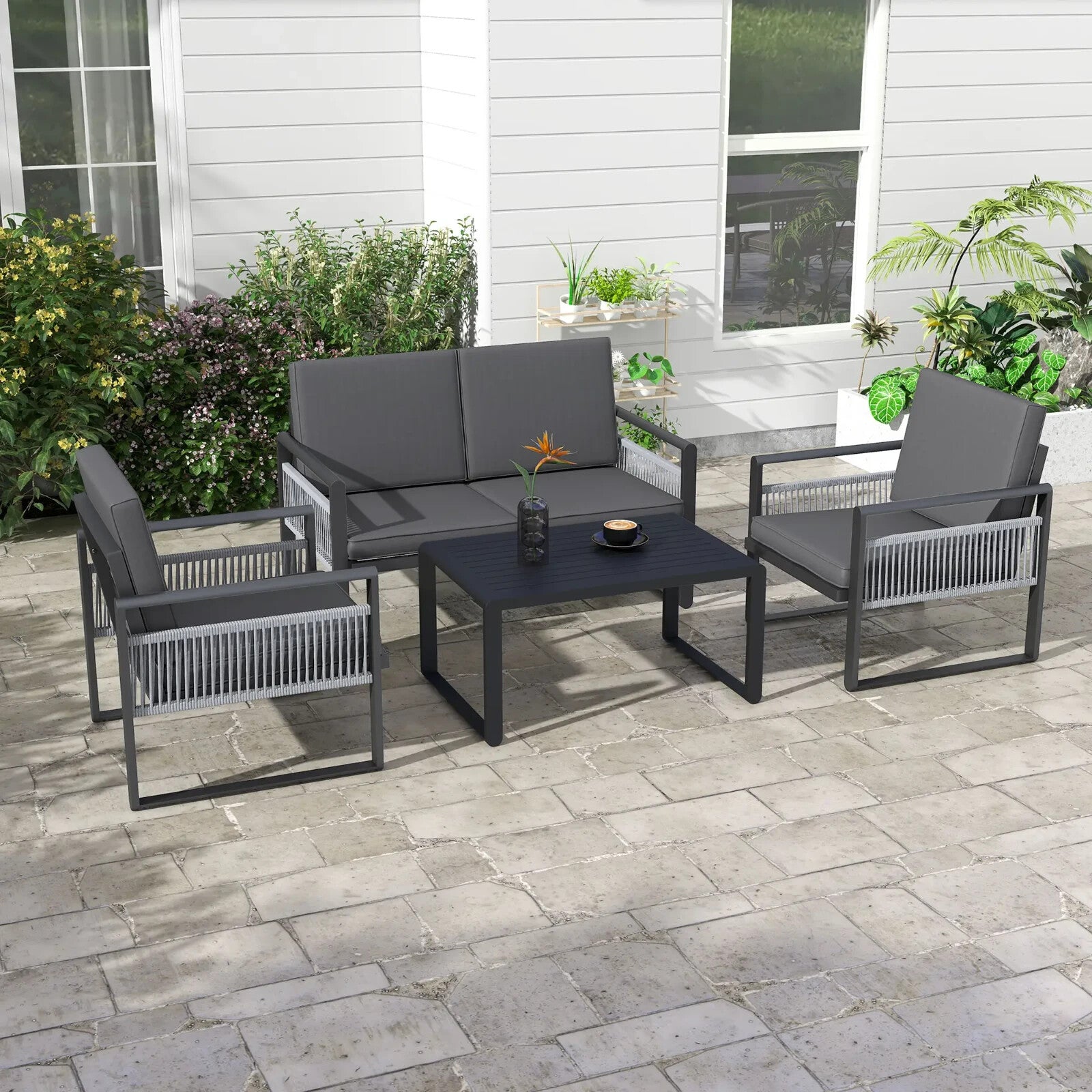 4 Piece Aluminium Garden Dining Set Outdoor Patio Furniture w/ Cushions Included