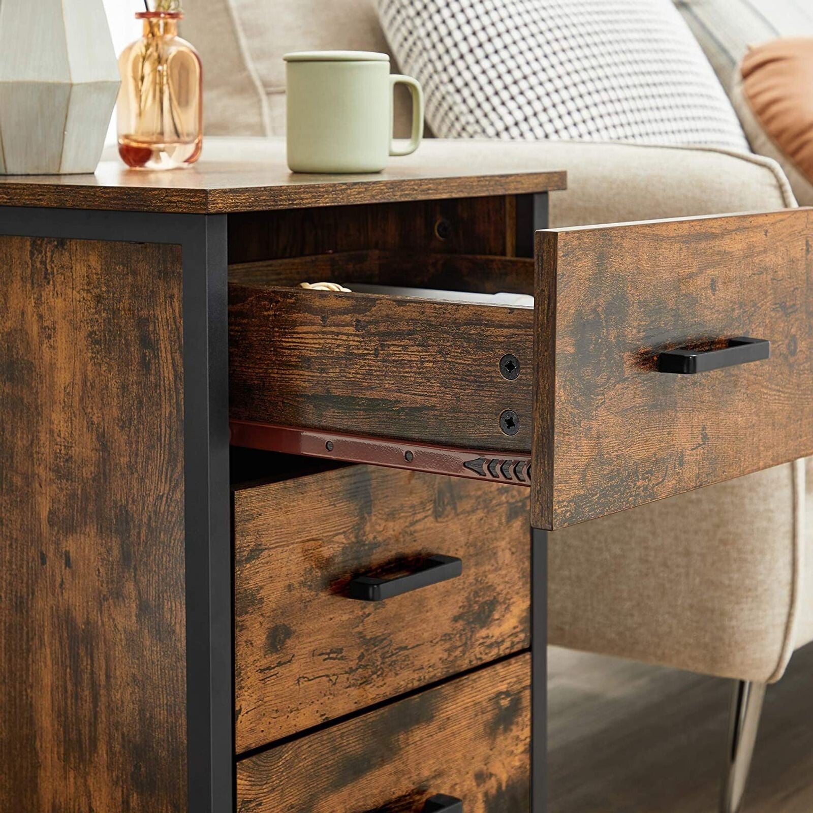 Industrial Nightstand Rustic Bedside Table 3 Drawers Side Table Bedroom Storage