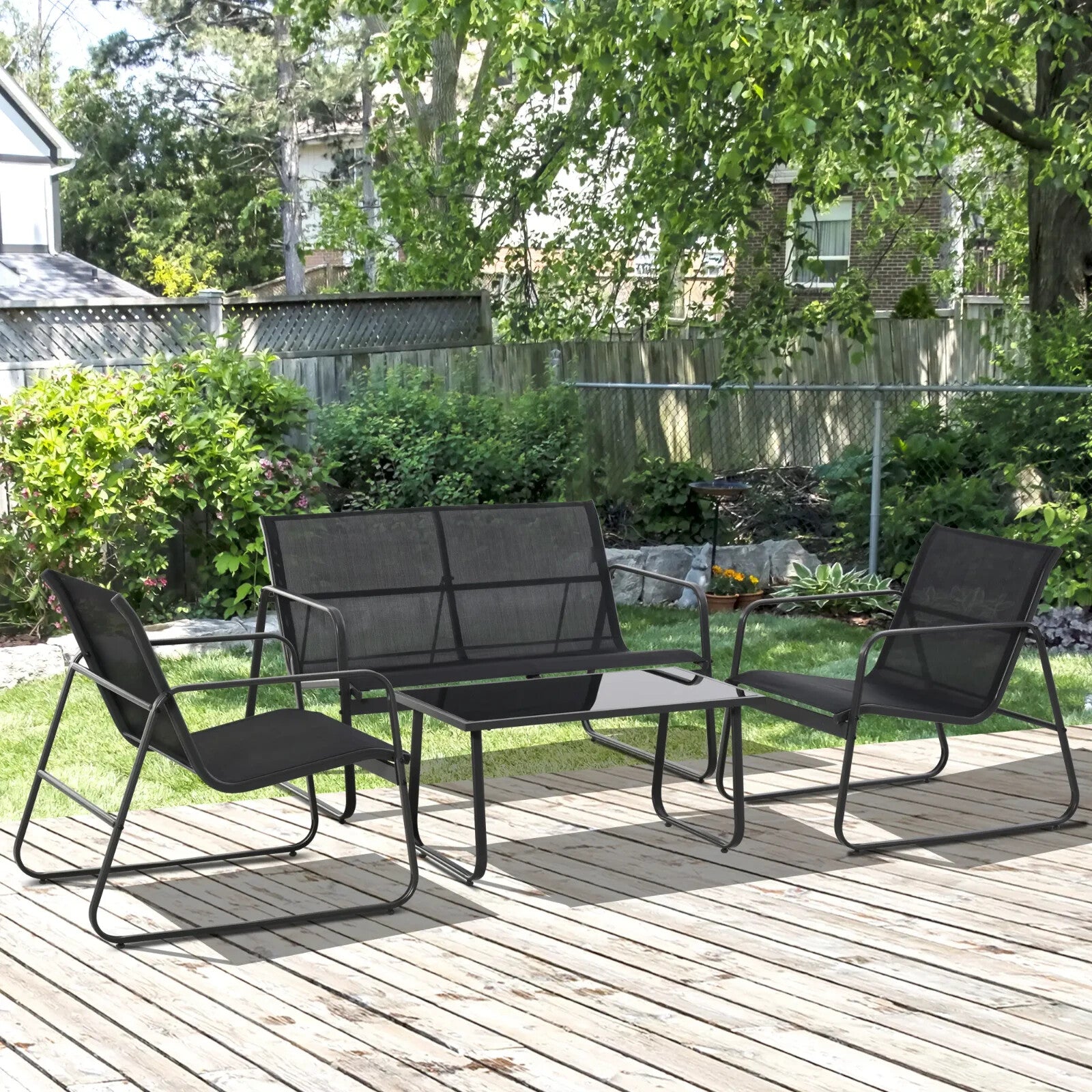 4 Piece Garden Furniture Set with Sofa Chairs & Glass Table Patio Seating Black
