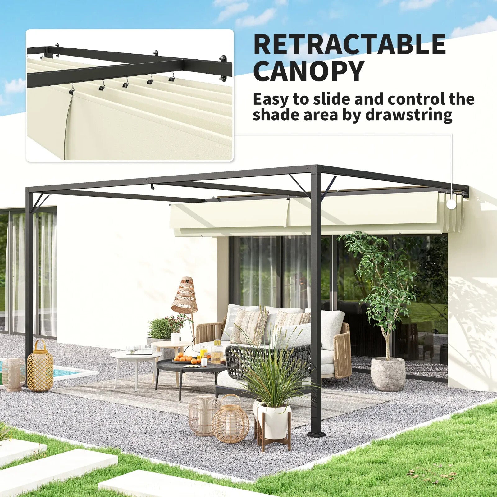 4 x 3m Outdoor Pergola Retractable Canopy Wall Mounted Awning Metal Cover Cream