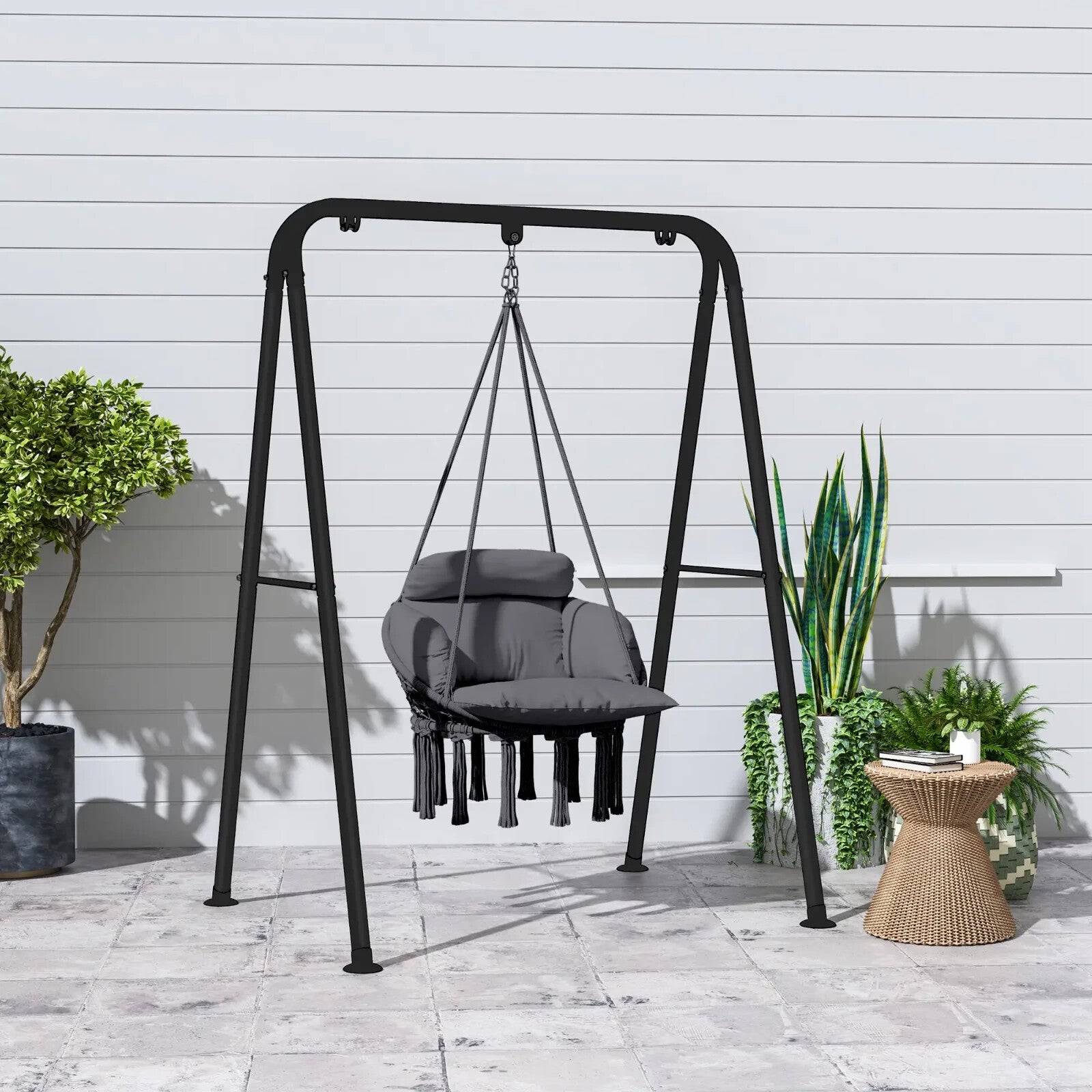 Hammock Hanging Chair Rope Boho Style Swing with Soft Padded Cushion Dark Grey