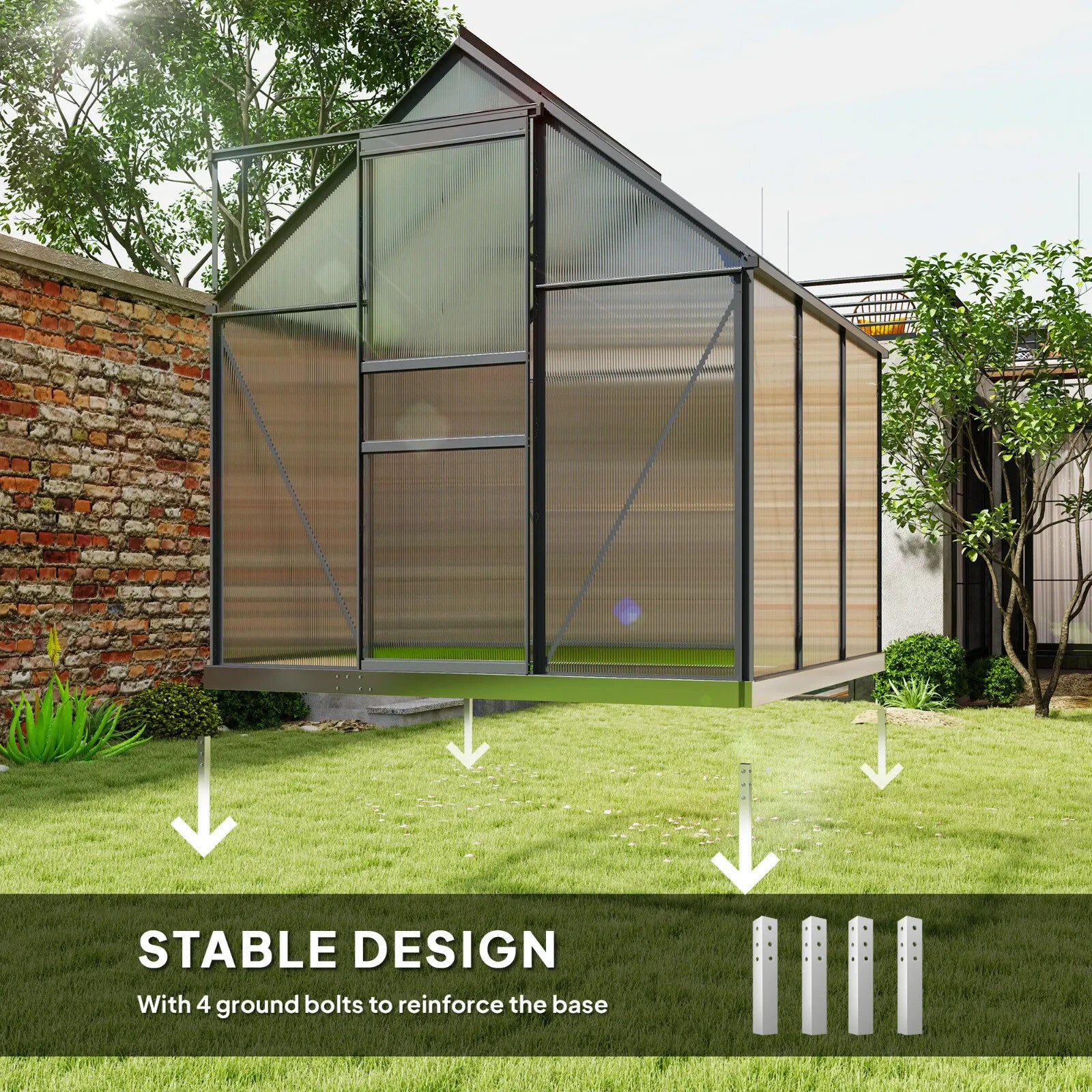 Walk-In Greenhouse Polycarbonate For Garden with Sliding Door & 3 Vents Grey