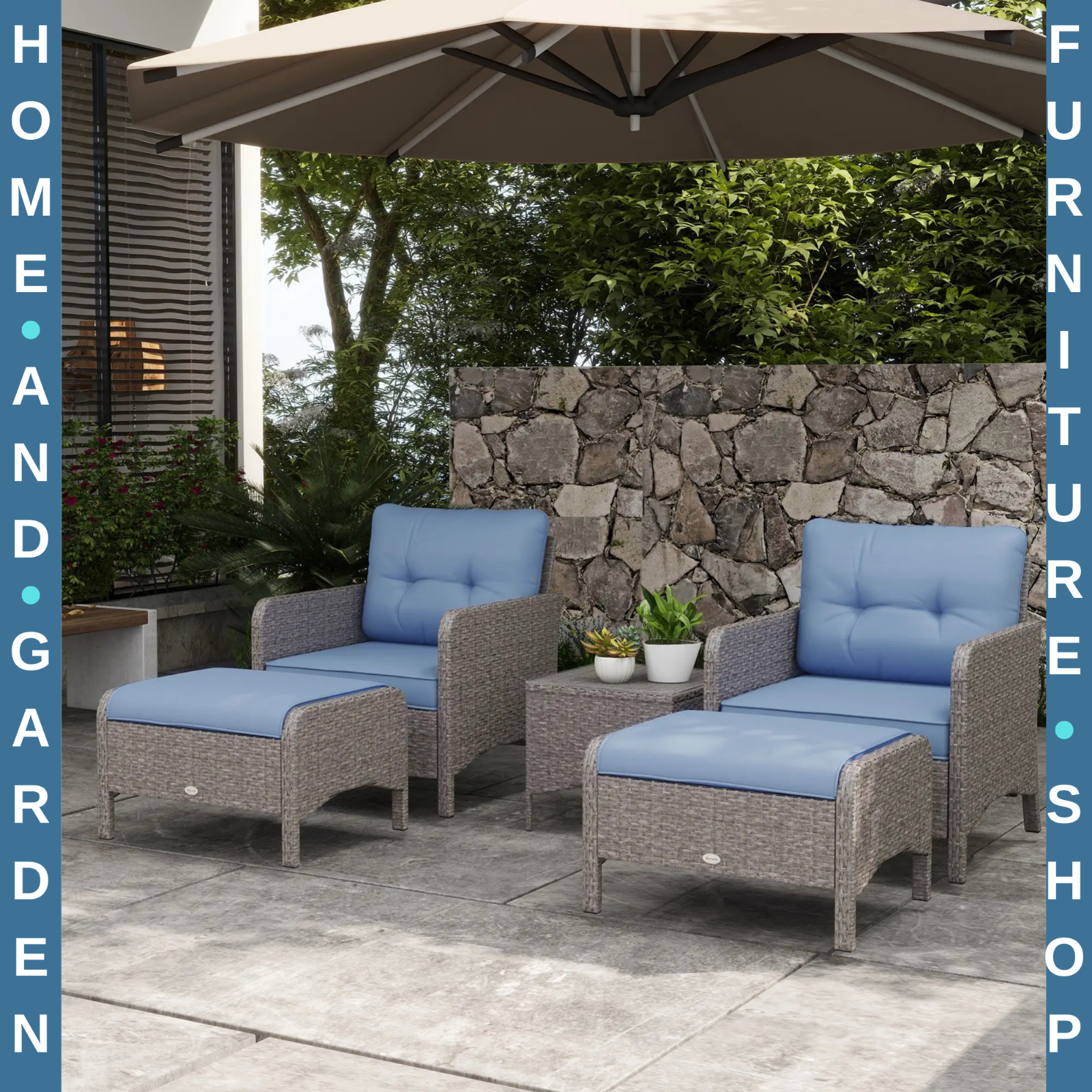 5 Piece Rattan Garden Furniture Set Outdoor Sofa with Chairs Stools and Table