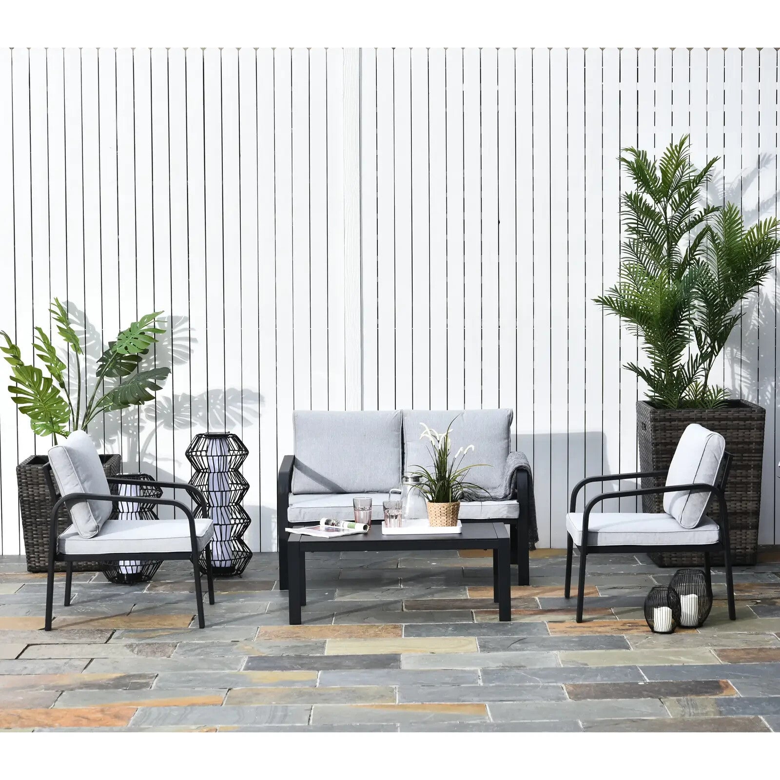 4 Piece Aluminium Garden Dining Set with Sofa Chairs Glass Table and Cushions