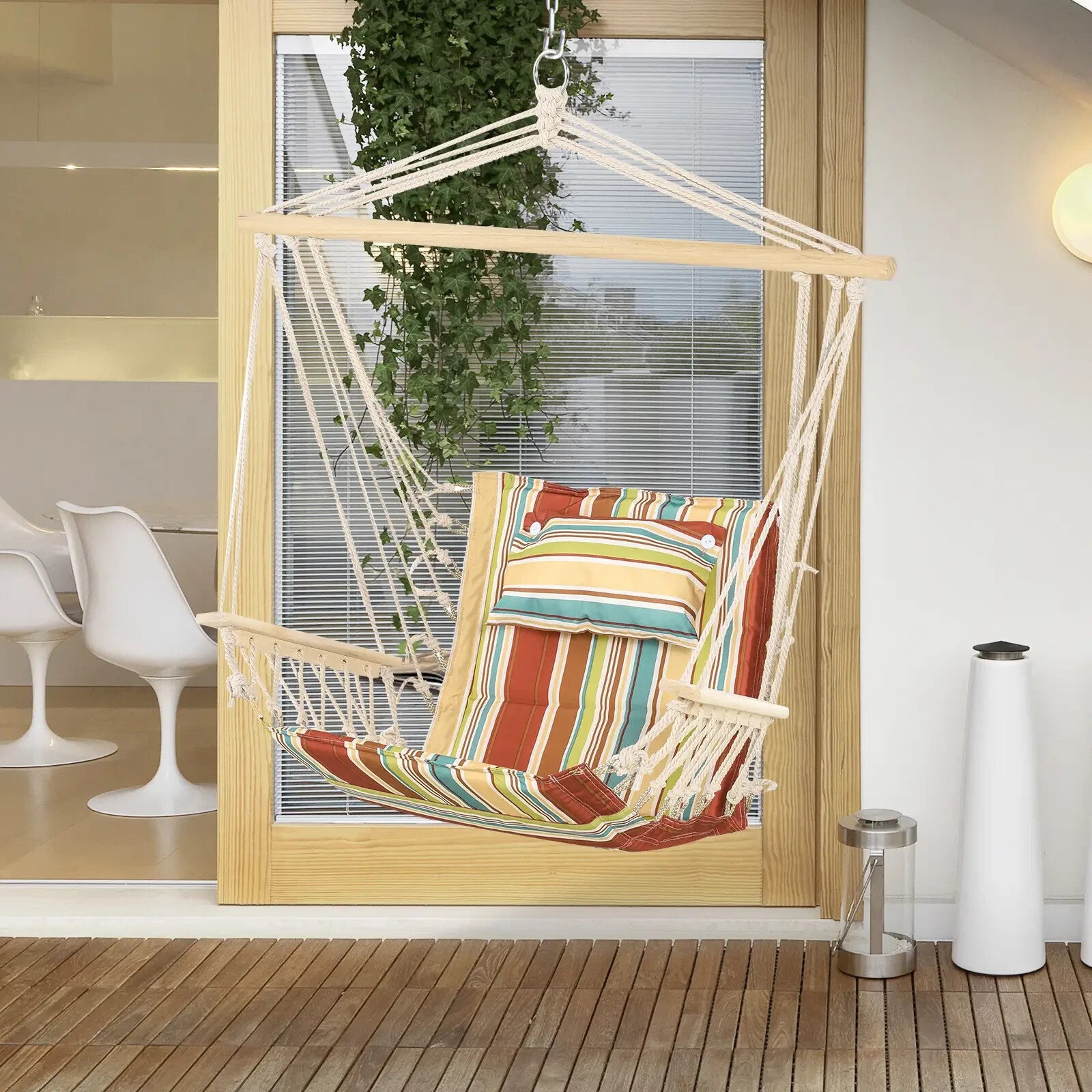 Hammock Hanging Chair Thick Rope Structure w/ Padded Pillow Multi-Colour Stripe