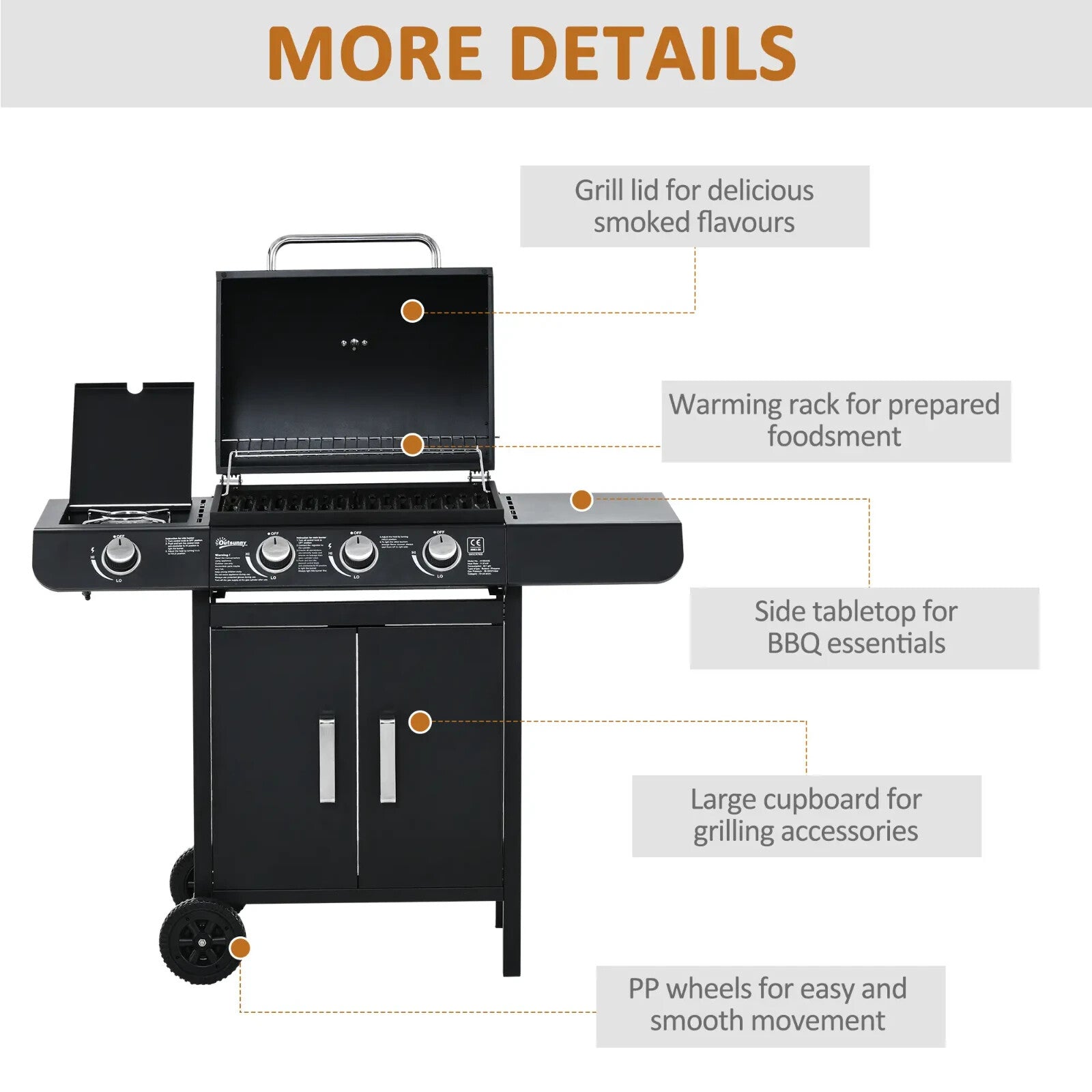 3 and 1 Gas Barbecue Grill w/ Side Burner & Large Cooking Area for Garden BBQs