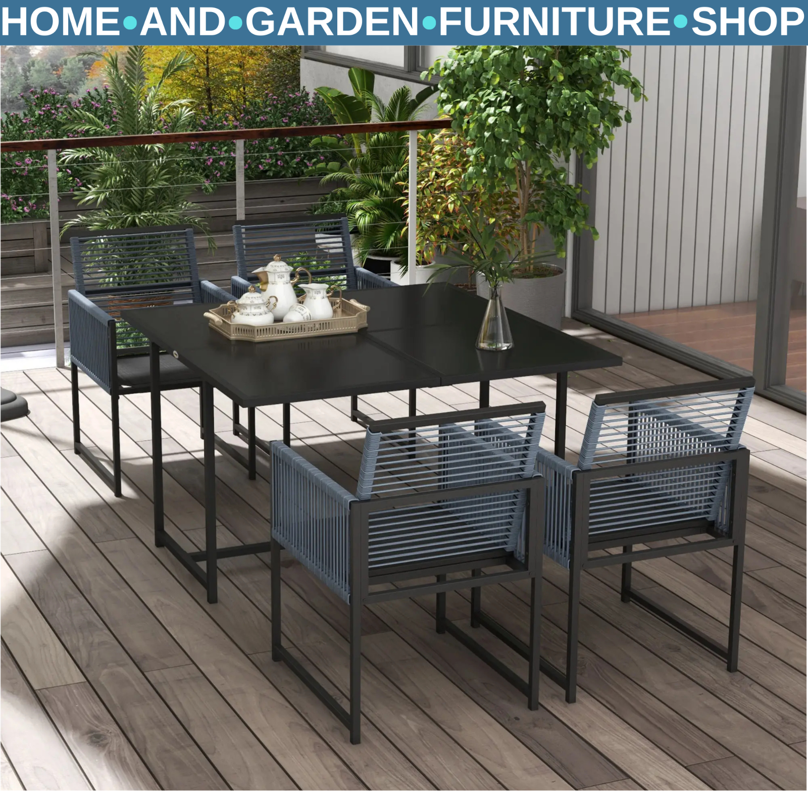 5 Piece Garden Dining Set w/ Foldable Chairs Patio Table 4 Seater Furniture Grey
