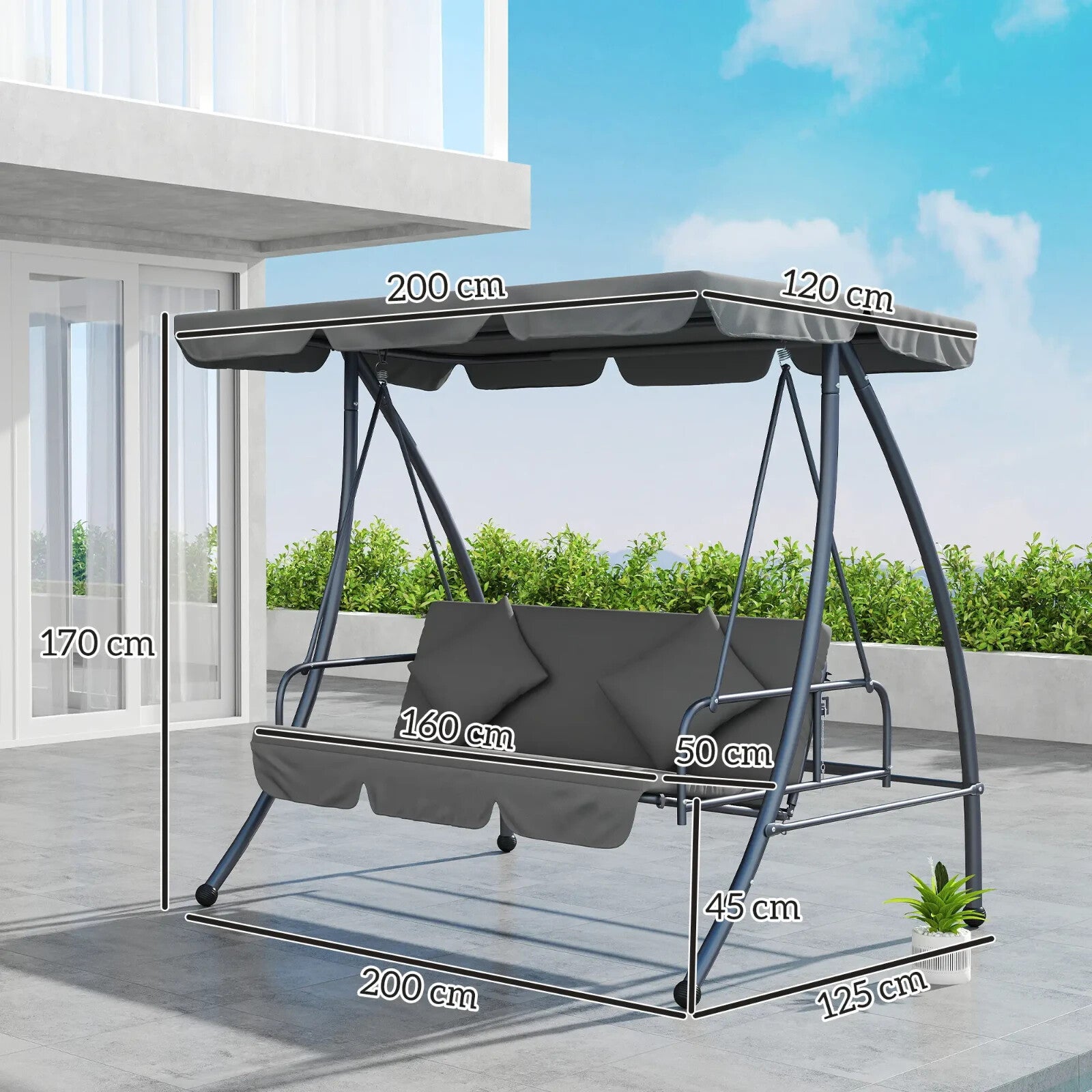 2-in-1 Hammock Swing Chair 3-Seater Steel with Cushion & Tilt Canopy Light Grey