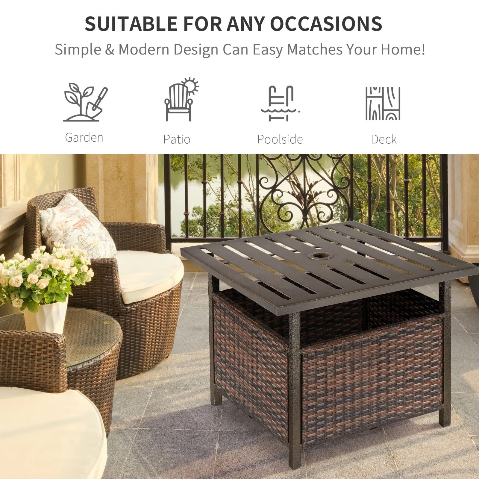 Rattan Wicker Outdoor Coffee Table with Umbrella Hole for Garden or Backyard Use