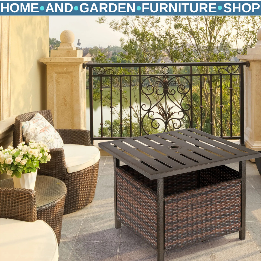 Rattan Wicker Outdoor Coffee Table with Umbrella Hole for Garden or Backyard Use