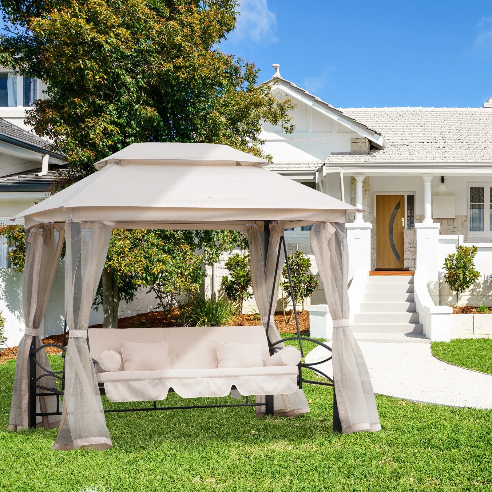 Hammock Swing Bench 3-Seater with 2-Tier Gazebo Canopy & Mesh Netting Beige