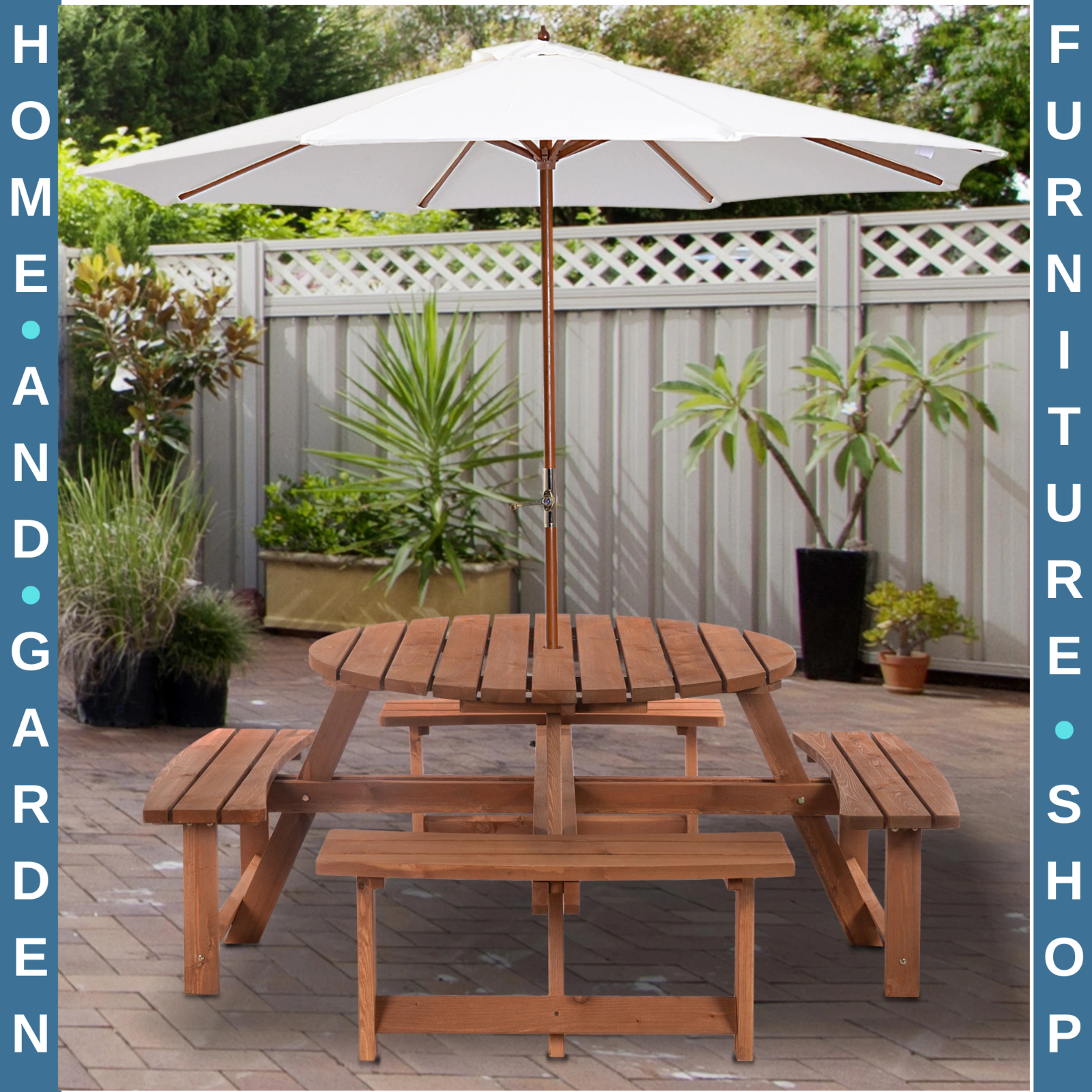 Wooden Round Picnic Table Garden Bench Set Outdoor 8 Seater Bench Parasol Hole