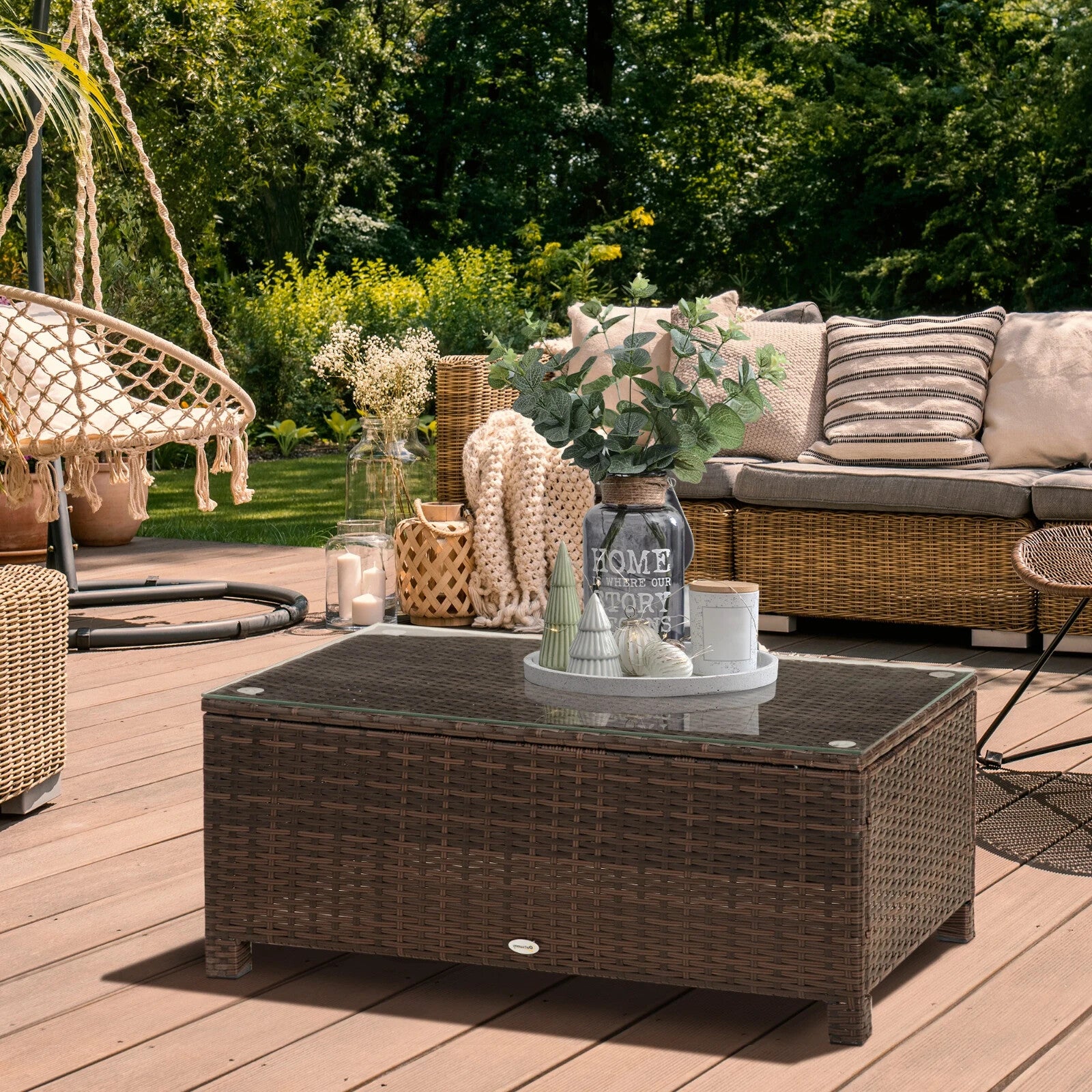 Outdoor Rattan Coffee Table with Tempered Glass Top Aluminium Frame Garden Patio